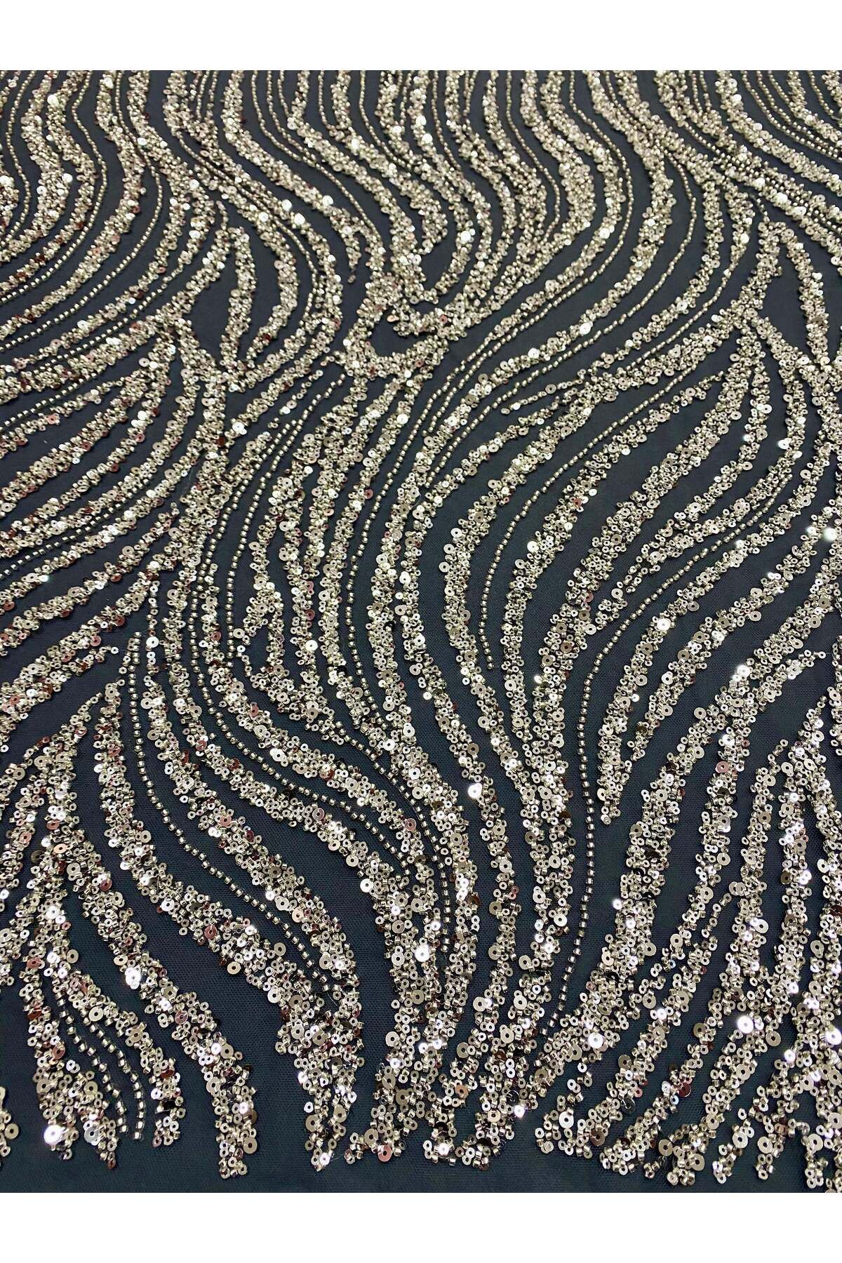 Luxuro-Silver Couture Lace with Anthracite Tulle with Linear Pattern, Beads and Sequins 5