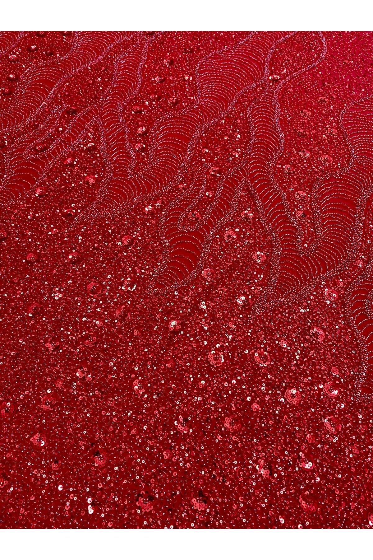 Luxuro-Red Couture Lace with Geometric and Floral Pattern, with Beads and Sequins 5