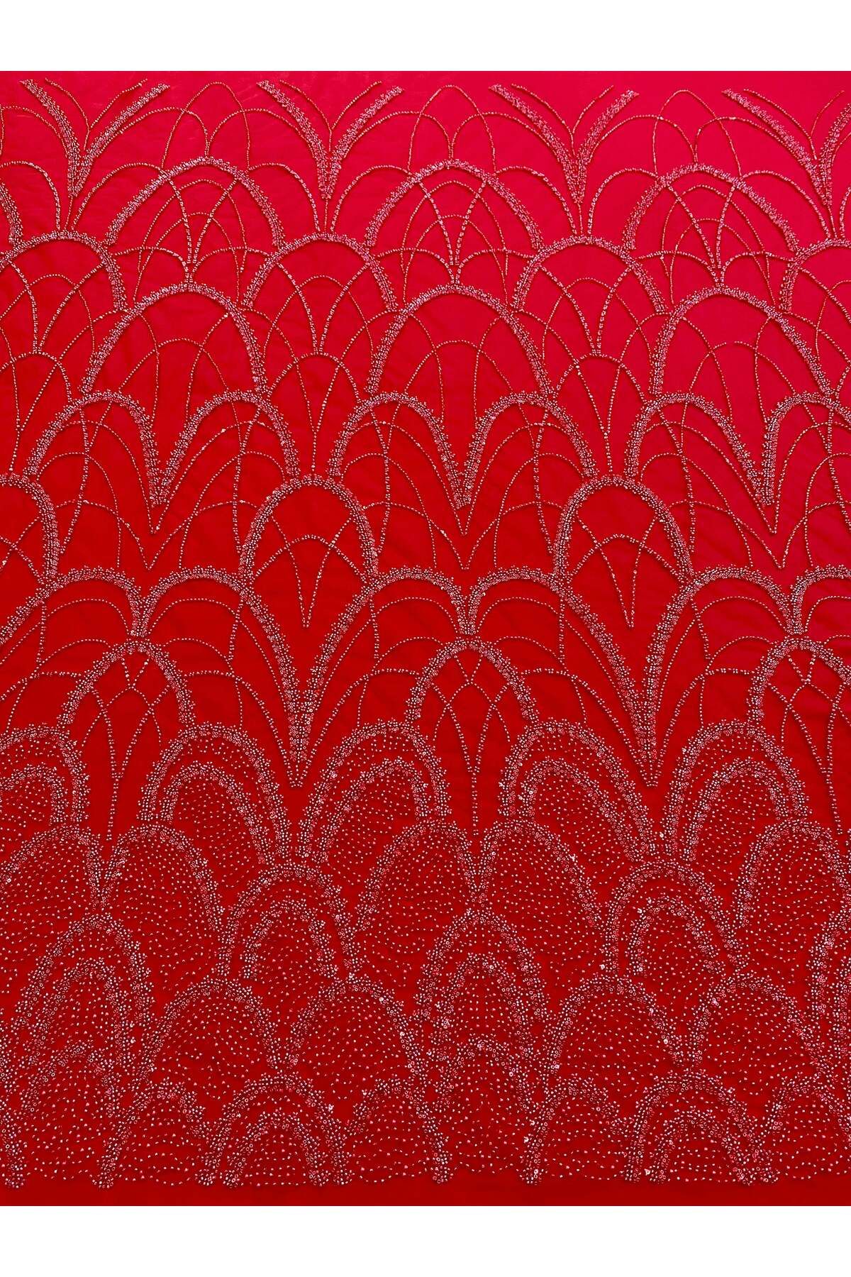 Luxuro-Red Couture Lace with Geometric Pattern, with Pearls, Beads and Sequins 1