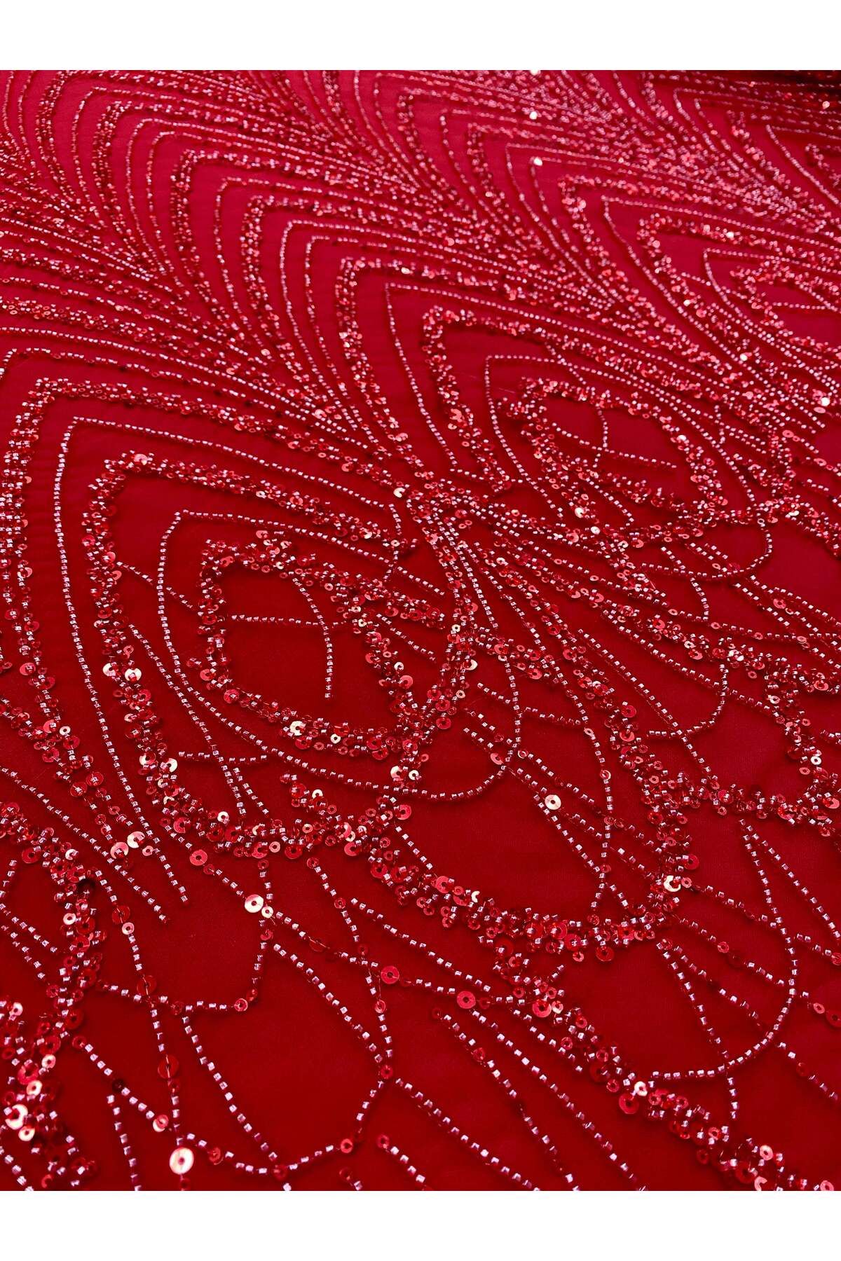Luxuro-Red Couture Lace with Geometric Pattern with Beads and Sequins 7