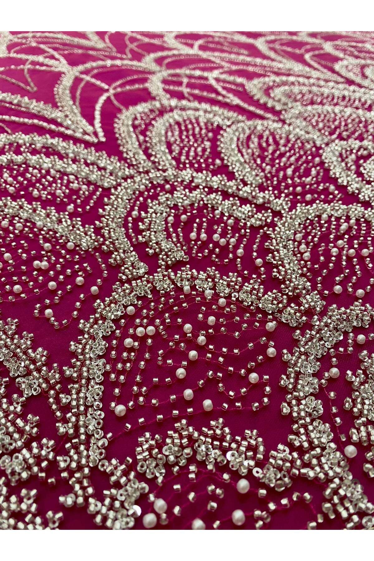 Luxuro-Couture Silver Lace with Fuchsia Tulle with Geometric Pattern, with Pearls, Beads and Sequins 7