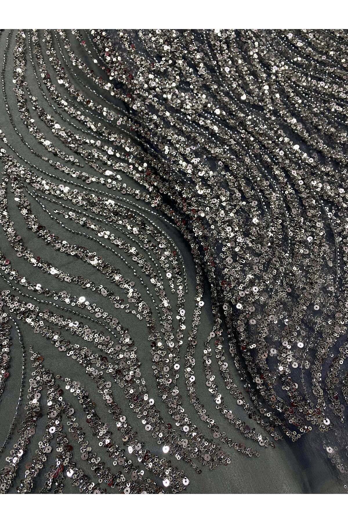 Luxuro-Anthracite Grey Couture Lace with Linear Pattern, Beads and Sequins 3