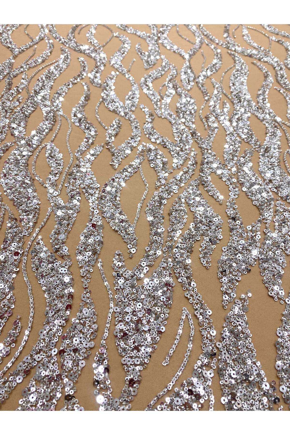 Luxuro-Silver Couture Lace with Nude Tulle with Strings, Beads and Sequins 2