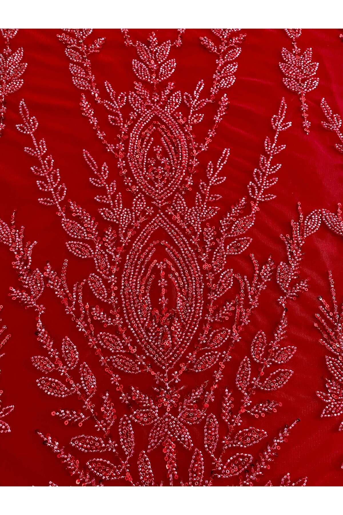 Luxuro-Red Couture Lace with Symmetrical Pattern, Beads and Sequins 4