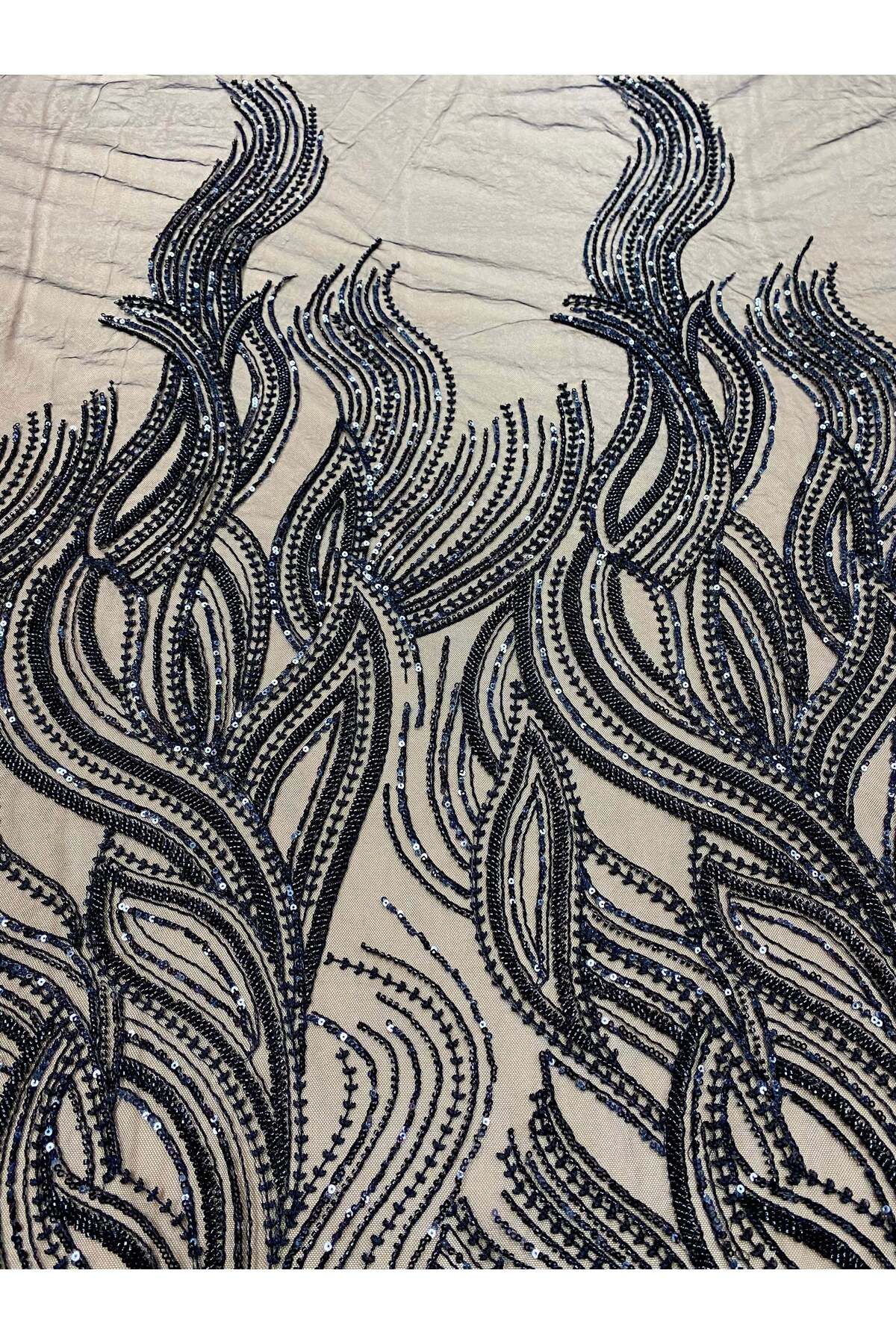 Luxuro-Black Couture Lace with Linear Pattern, Beads and Sequins 3