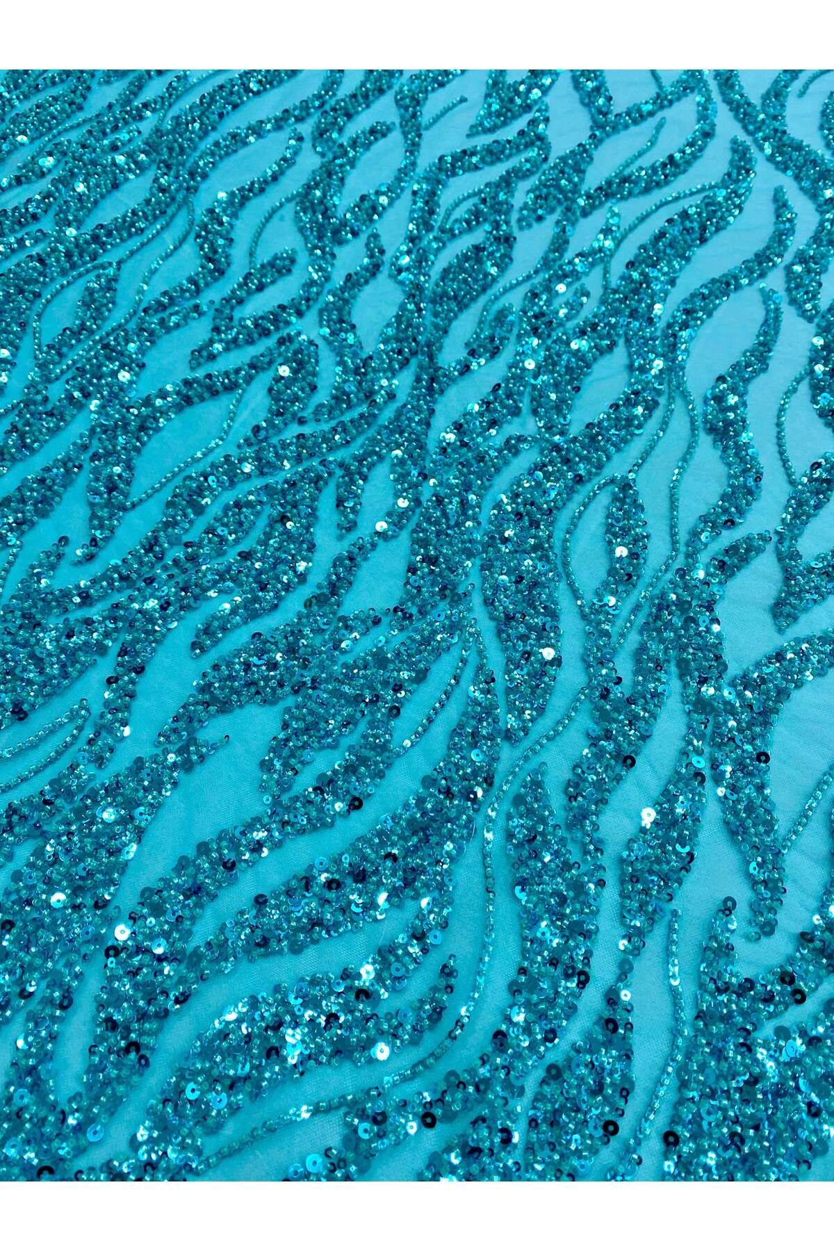 Luxuro-Turquoise Couture Lace with Strings, Beads and Sequins 6