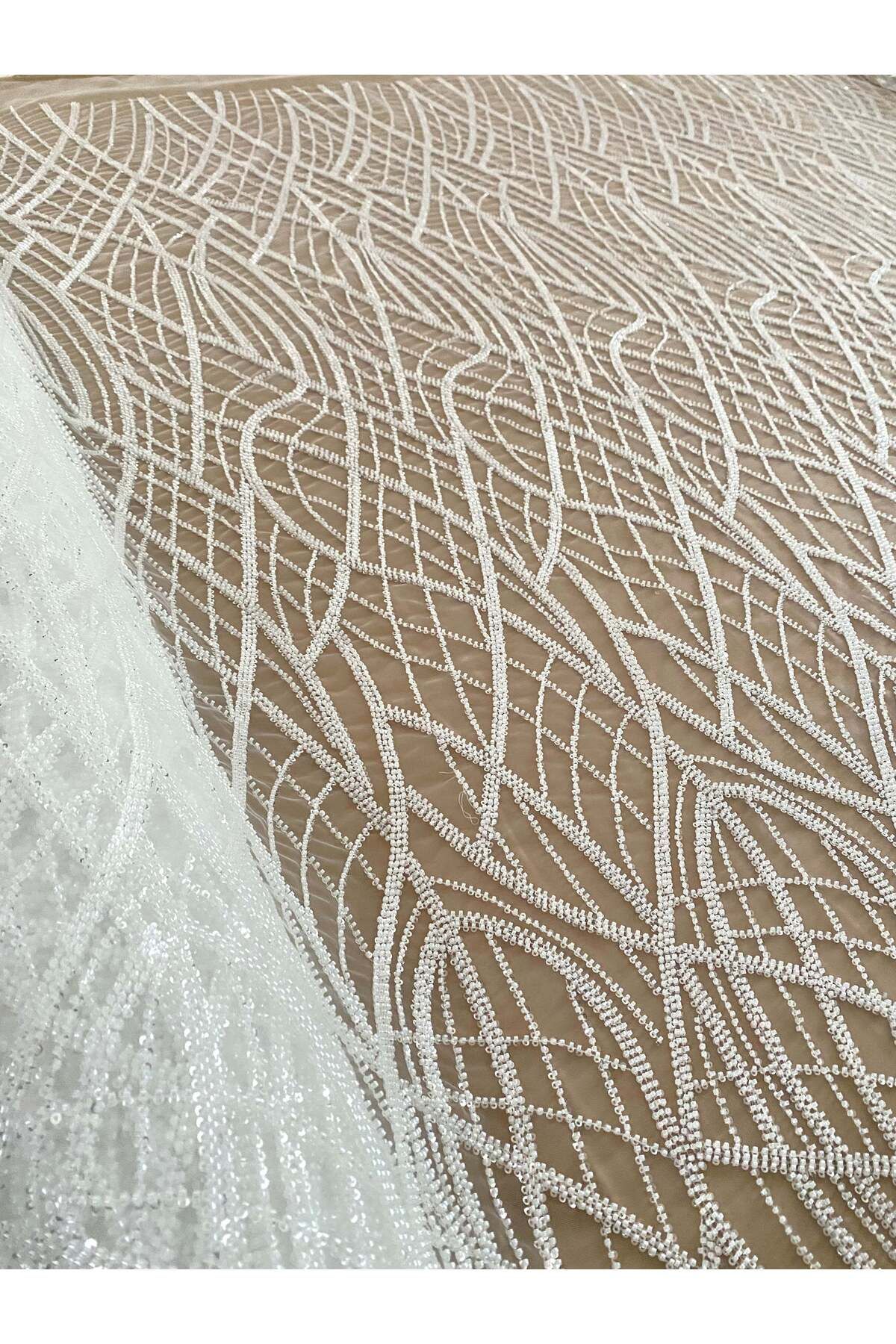 Luxuro-Ivory Couture Lace with Linear Pattern, Beads and Sequins 3