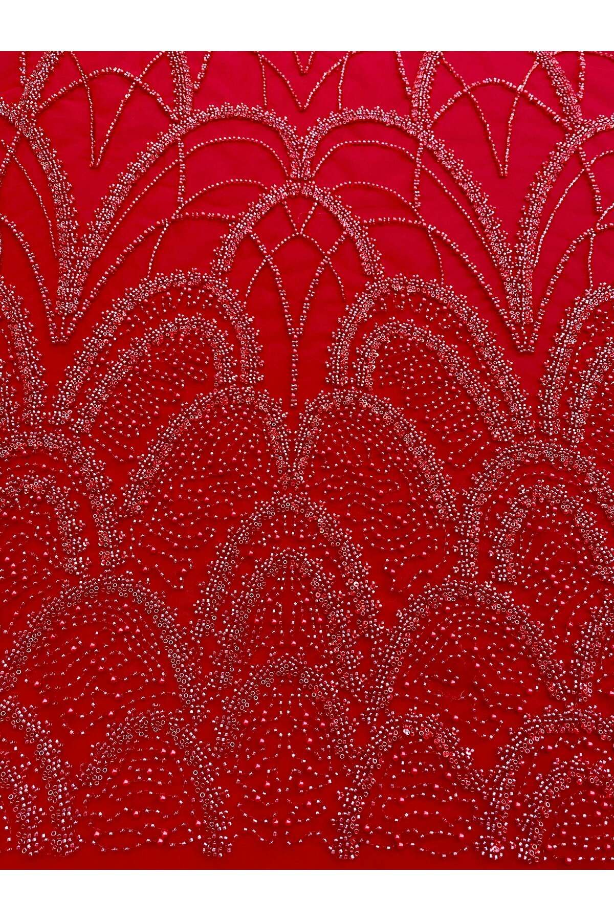 Luxuro-Red Couture Lace with Geometric Pattern, with Pearls, Beads and Sequins 3