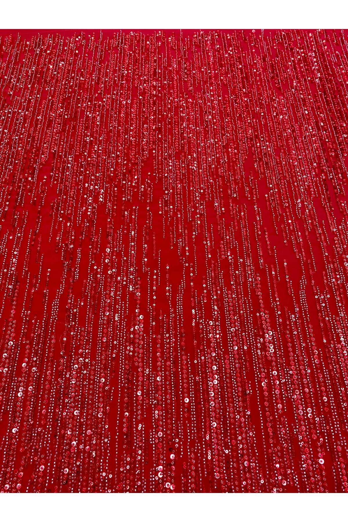Luxuro-Red Couture Lace with Linear Pattern, Beads and Sequins 5