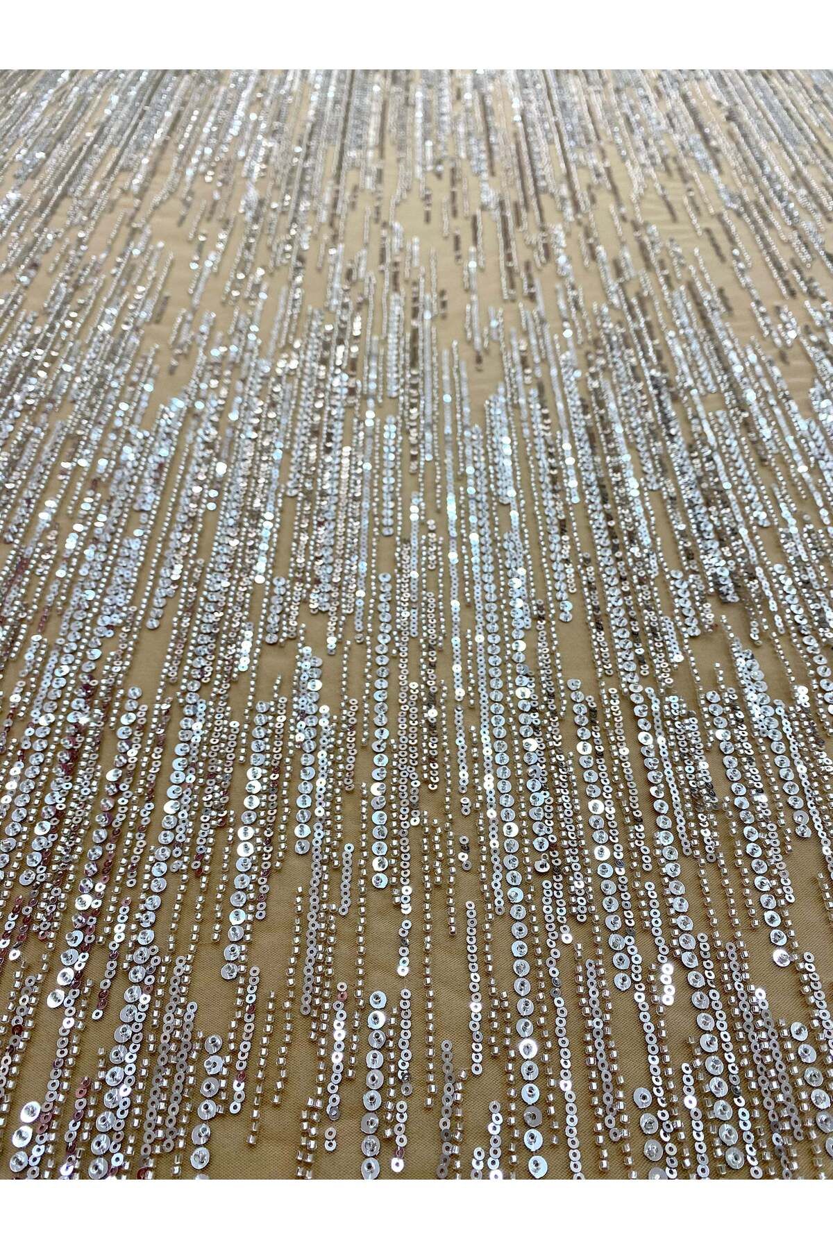 Luxuro-Couture Lace Silver with Nude Tulle with Linear Pattern, with Beads and Sequins 3