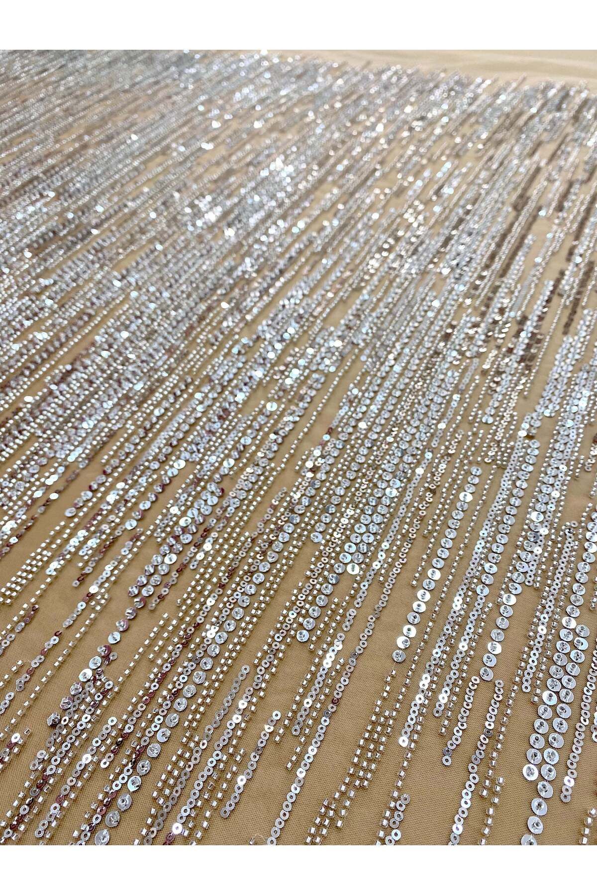Luxuro-Couture Lace Silver with Nude Tulle with Linear Pattern, with Beads and Sequins 5