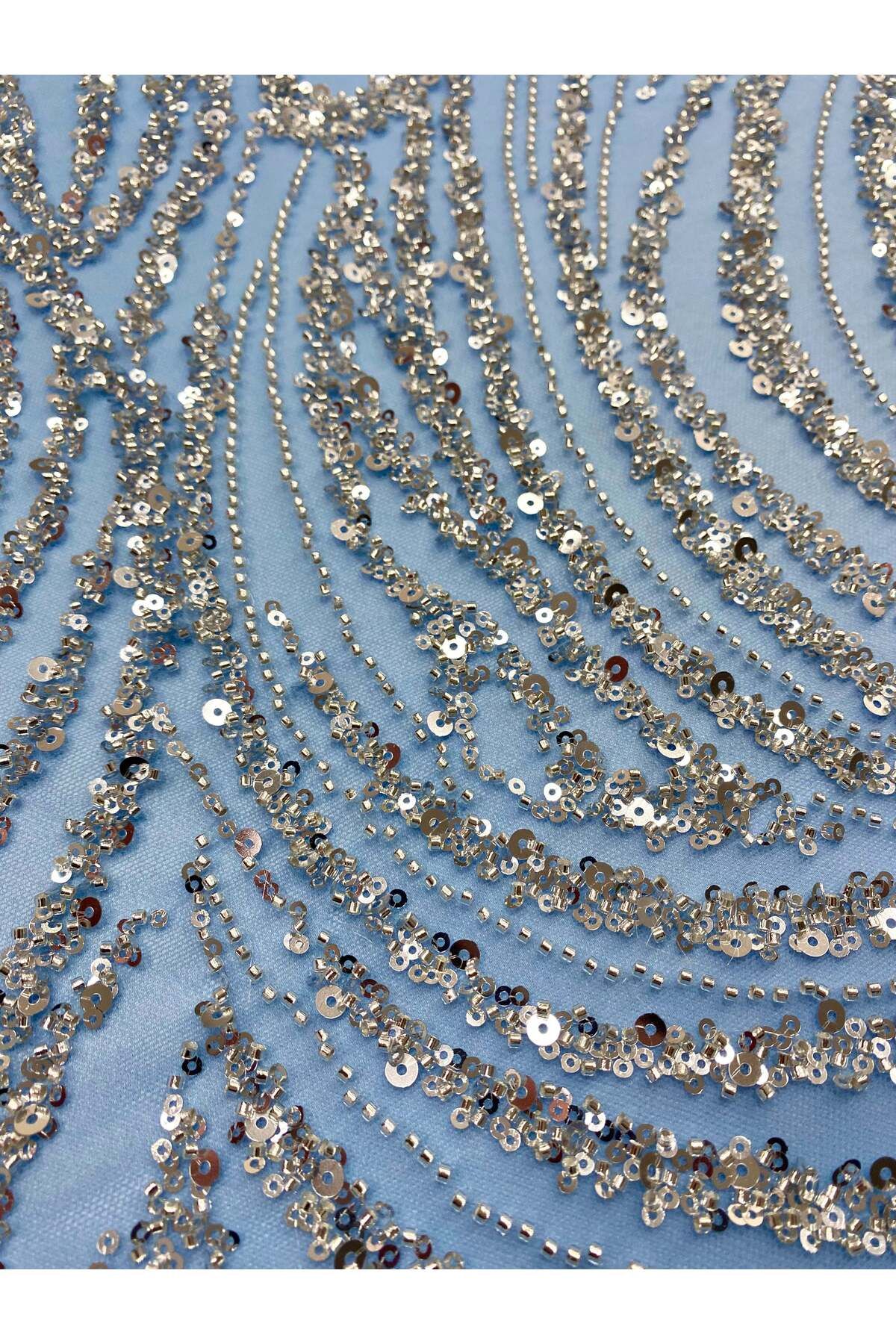 Luxuro-Couture Silver Lace with Blue Tulle with Linear Pattern, Beads and Sequins 3