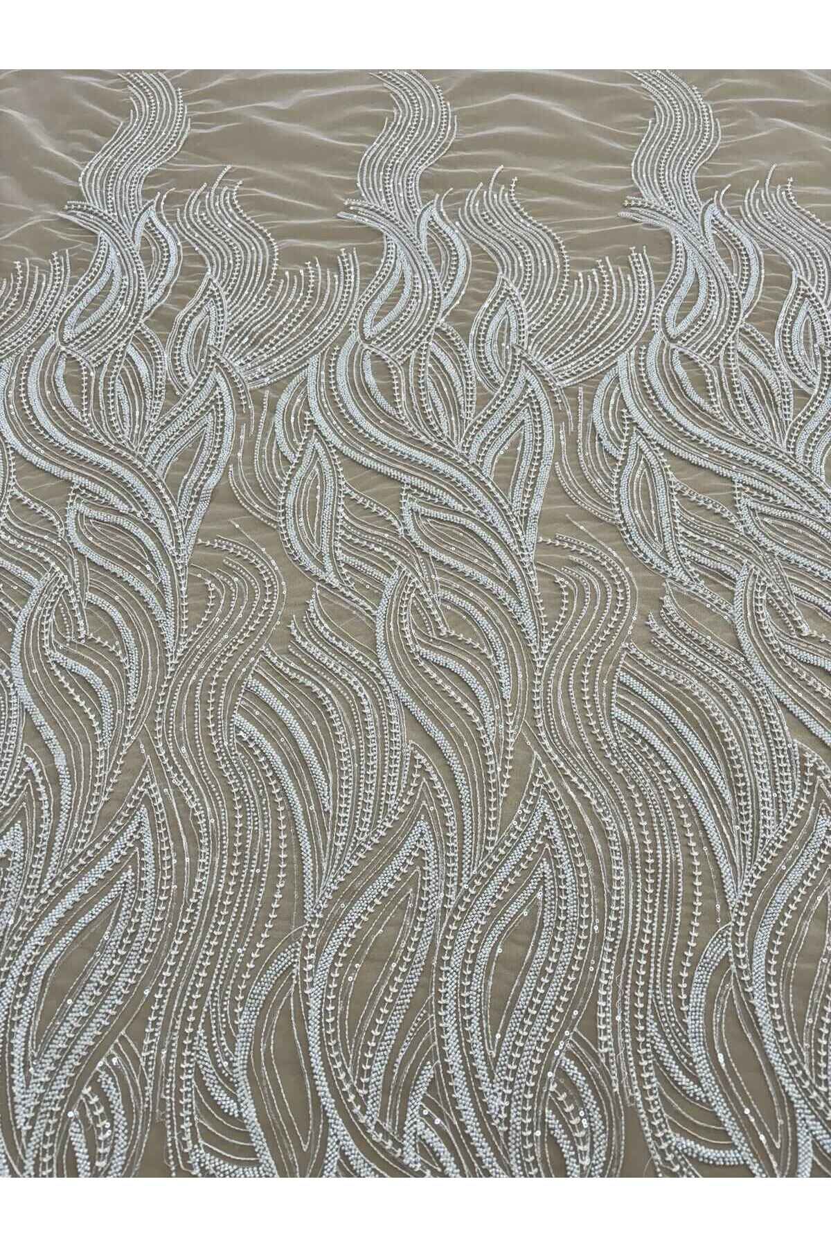 Luxuro-Ivory Couture Lace with Linear Pattern, Beads and Sequins 1