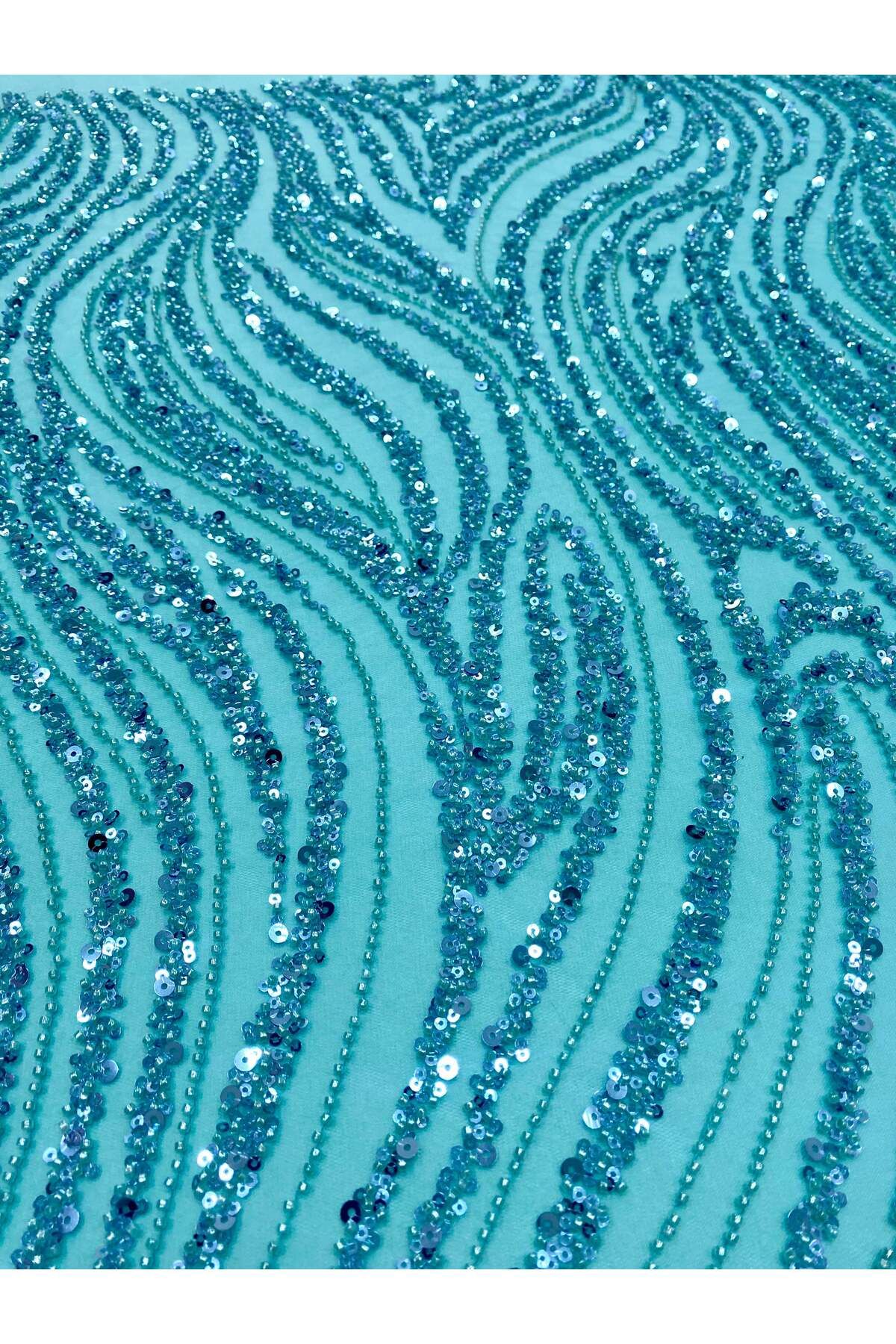Luxuro-Turquoise Couture Lace with Linear Pattern, Beads and Sequins 7