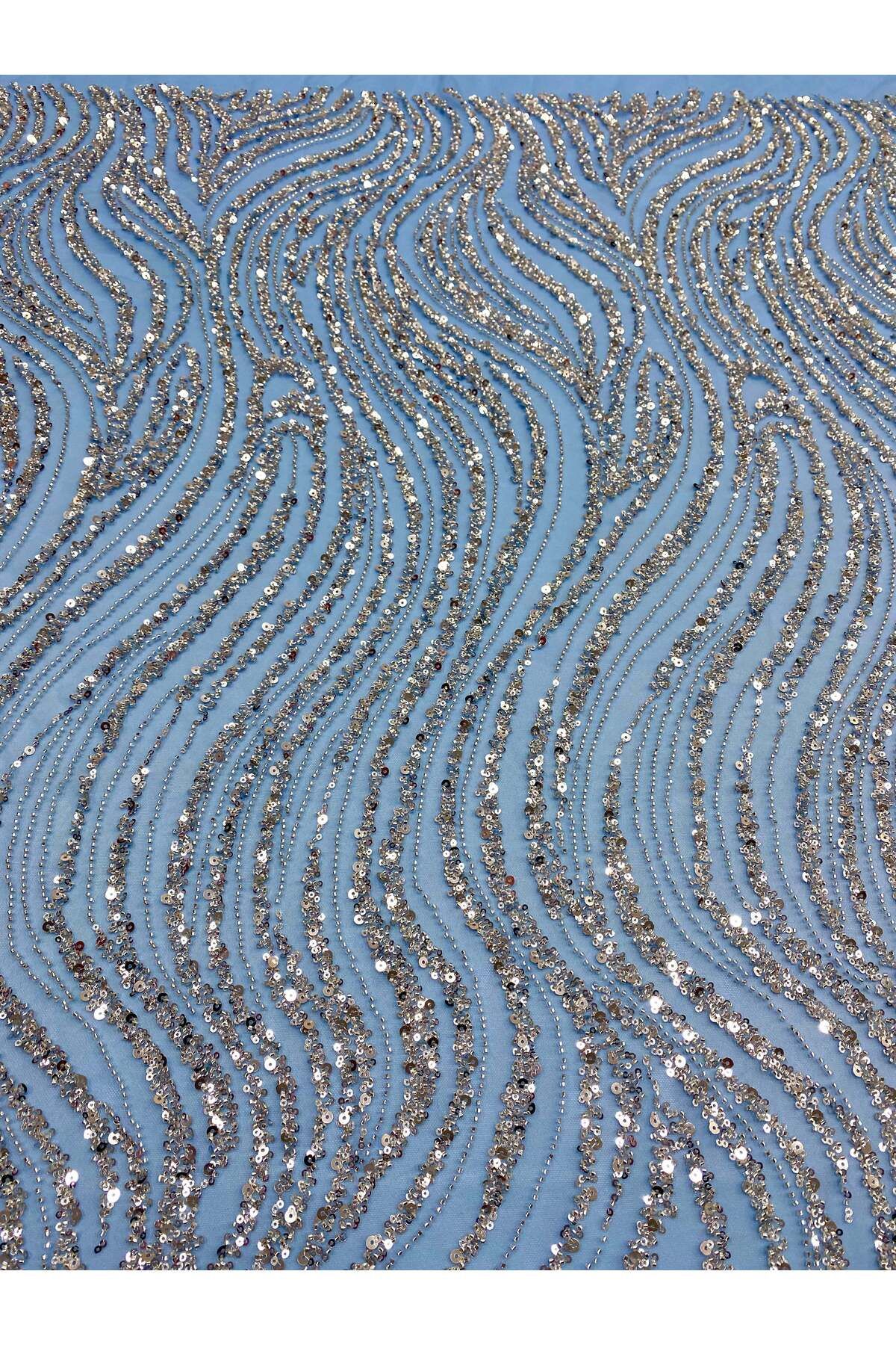 Luxuro-Couture Silver Lace with Blue Tulle with Linear Pattern, Beads and Sequins 7
