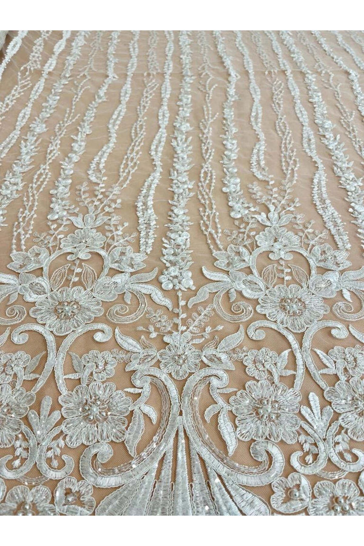 Luxuro-Lace with Linear Pattern with Flowers, Pearls and Sequins 4