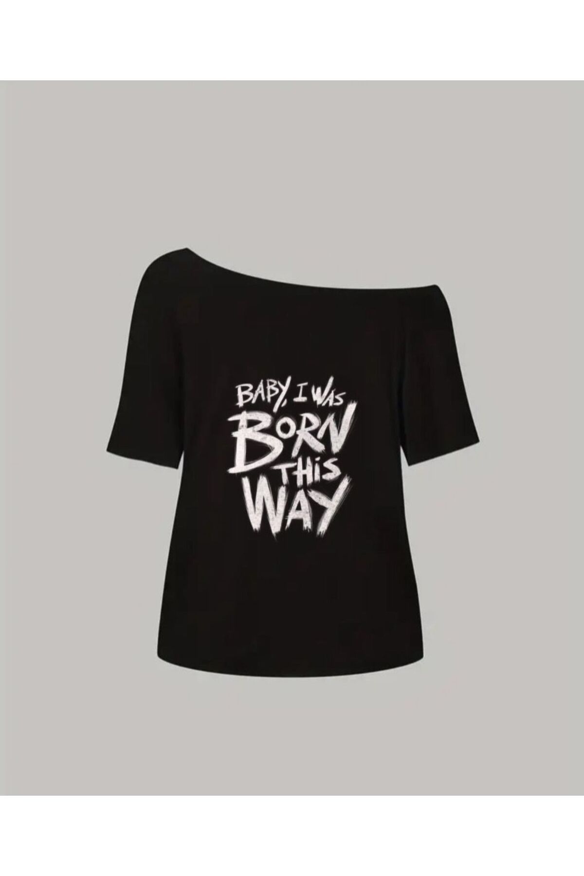 Koklonmoda Büyük Beden Kadın Düşük Omuz Kayık Yaka Baby Born Baskılı T-Shirt