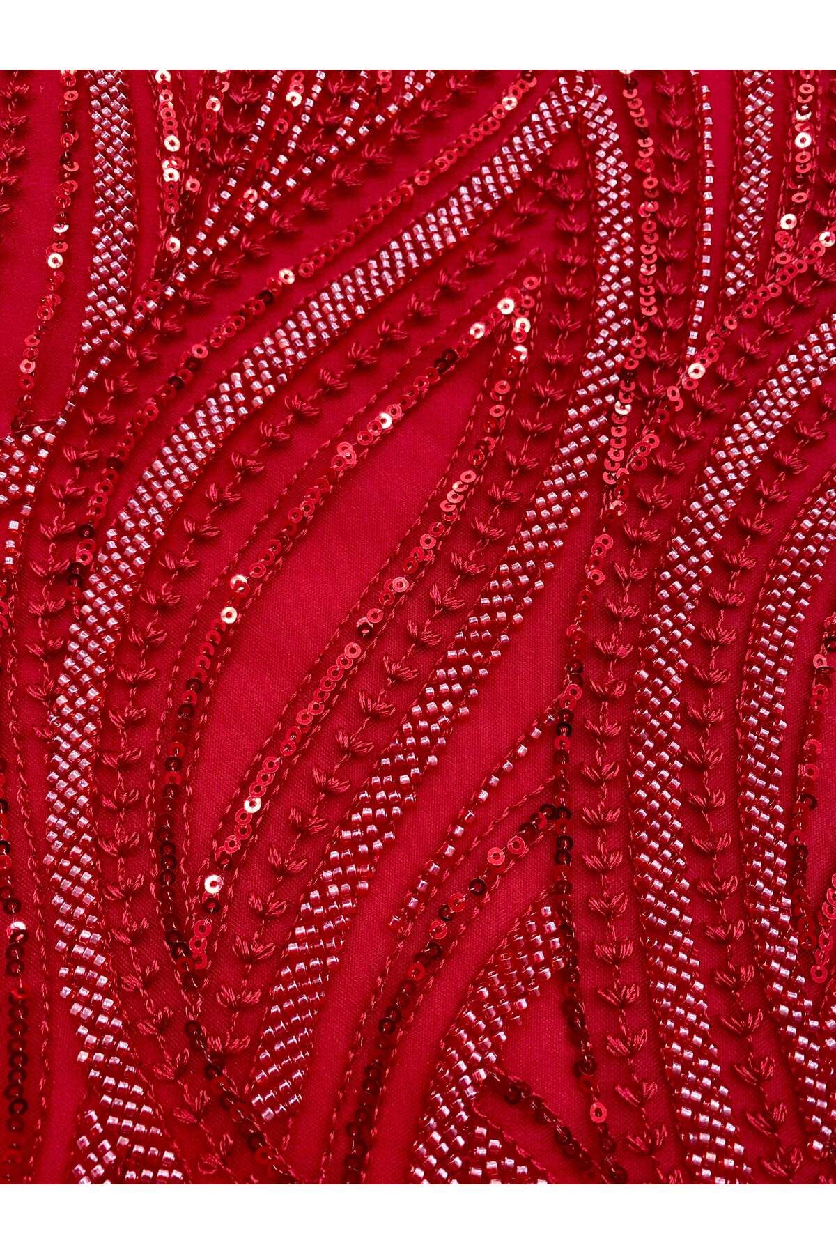 Luxuro-Red Couture Lace with Linear Pattern, Beads and Sequins 7