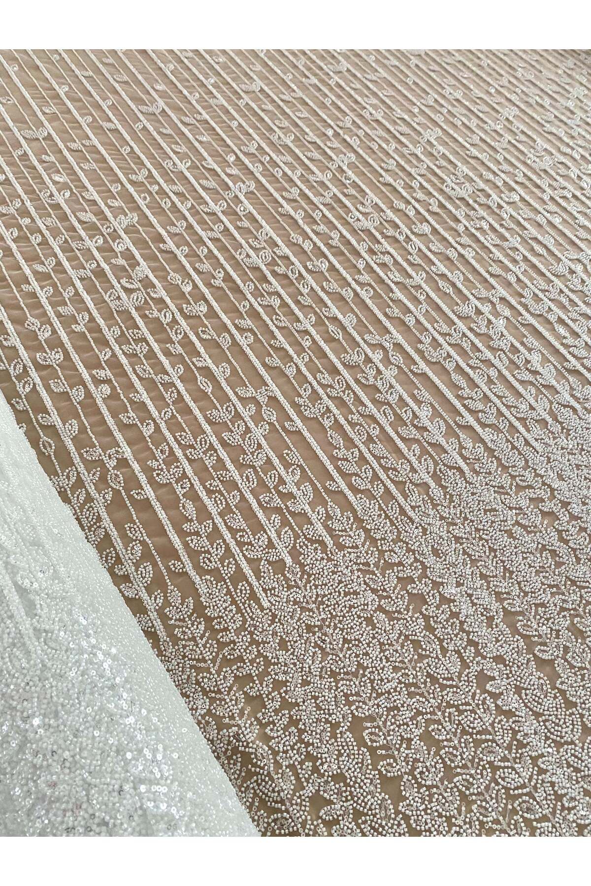 Luxuro-Ivory Couture Lace with Linear and Leaf Pattern, with Beads and Sequins 3