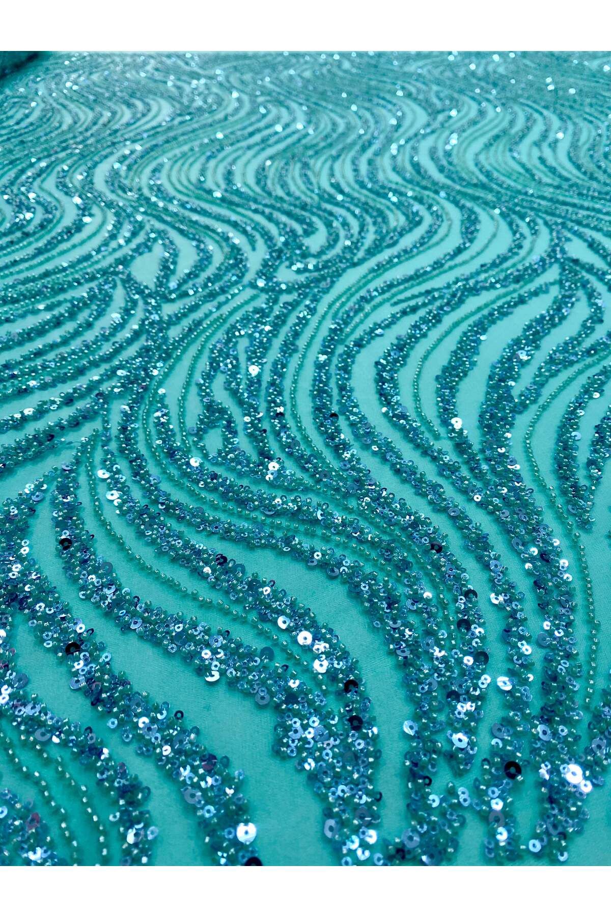 Luxuro-Turquoise Couture Lace with Linear Pattern, Beads and Sequins 4