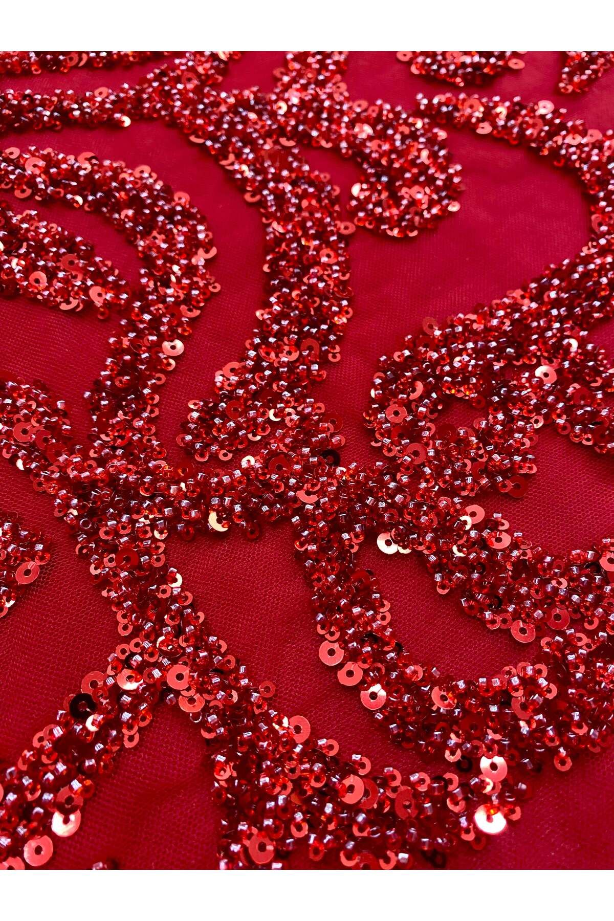 Luxuro-Red Couture Lace with Geometric Pattern, Beads and Sequins 2