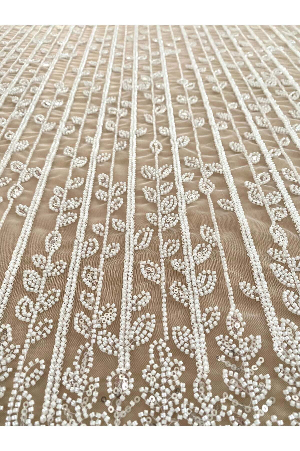 Luxuro-Ivory Couture Lace with Linear and Leaf Pattern, with Beads and Sequins 7