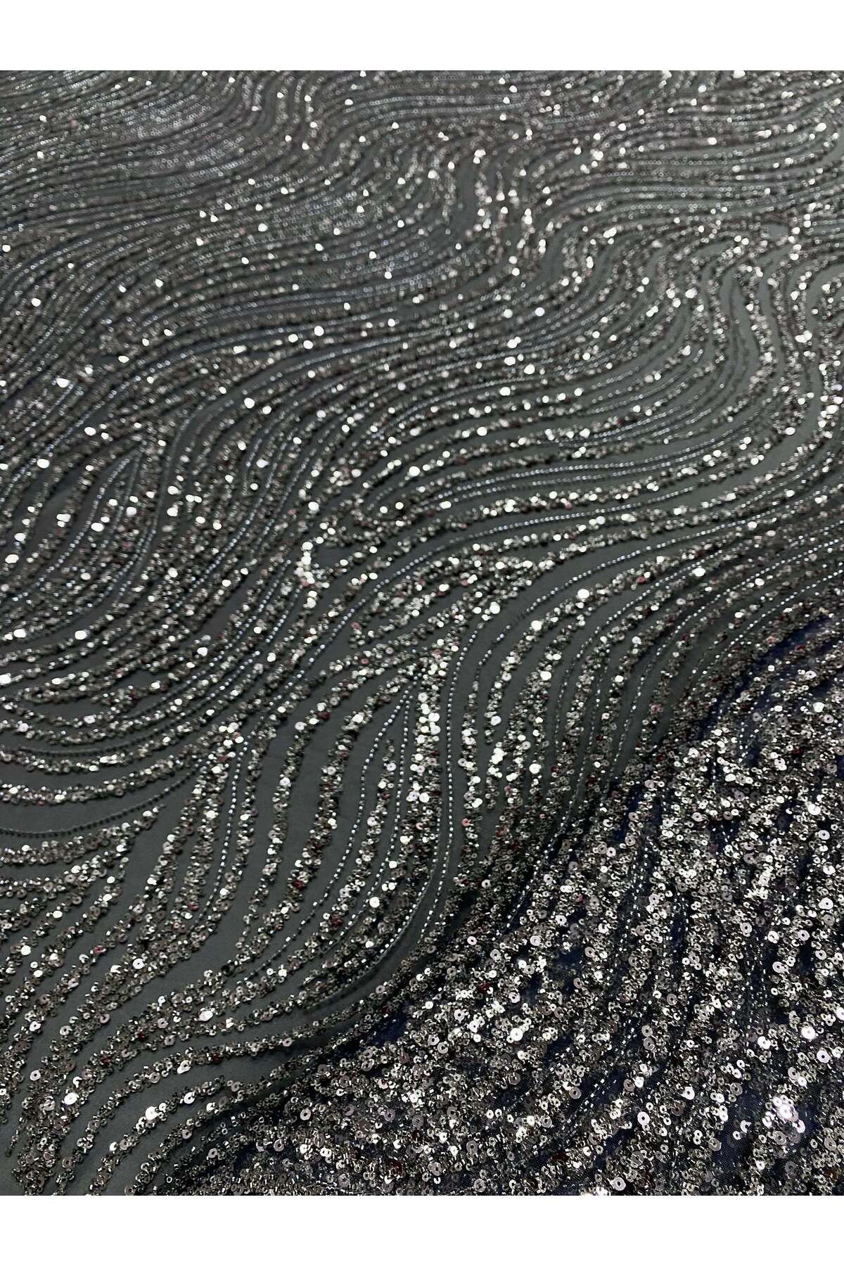 Luxuro-Anthracite Grey Couture Lace with Linear Pattern, Beads and Sequins 6