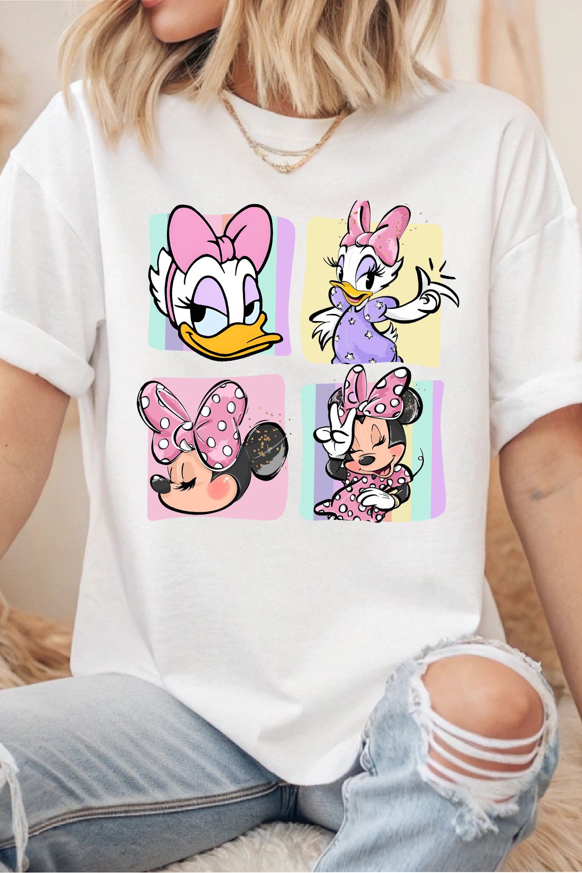 uniqwo Unisex Daisy ve Minnie Mouse Baskılı Kadın %100 Pamuk Premium Regular T-Shirt