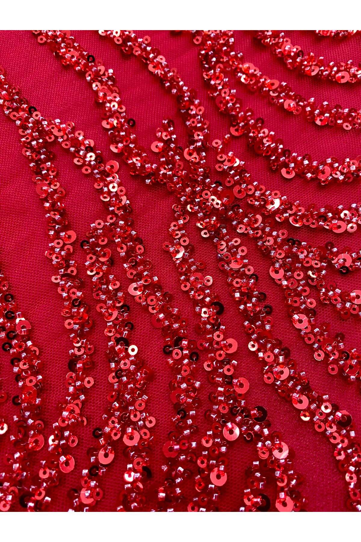 Luxuro-Red Couture Lace with Strings, Beads and Sequins 6