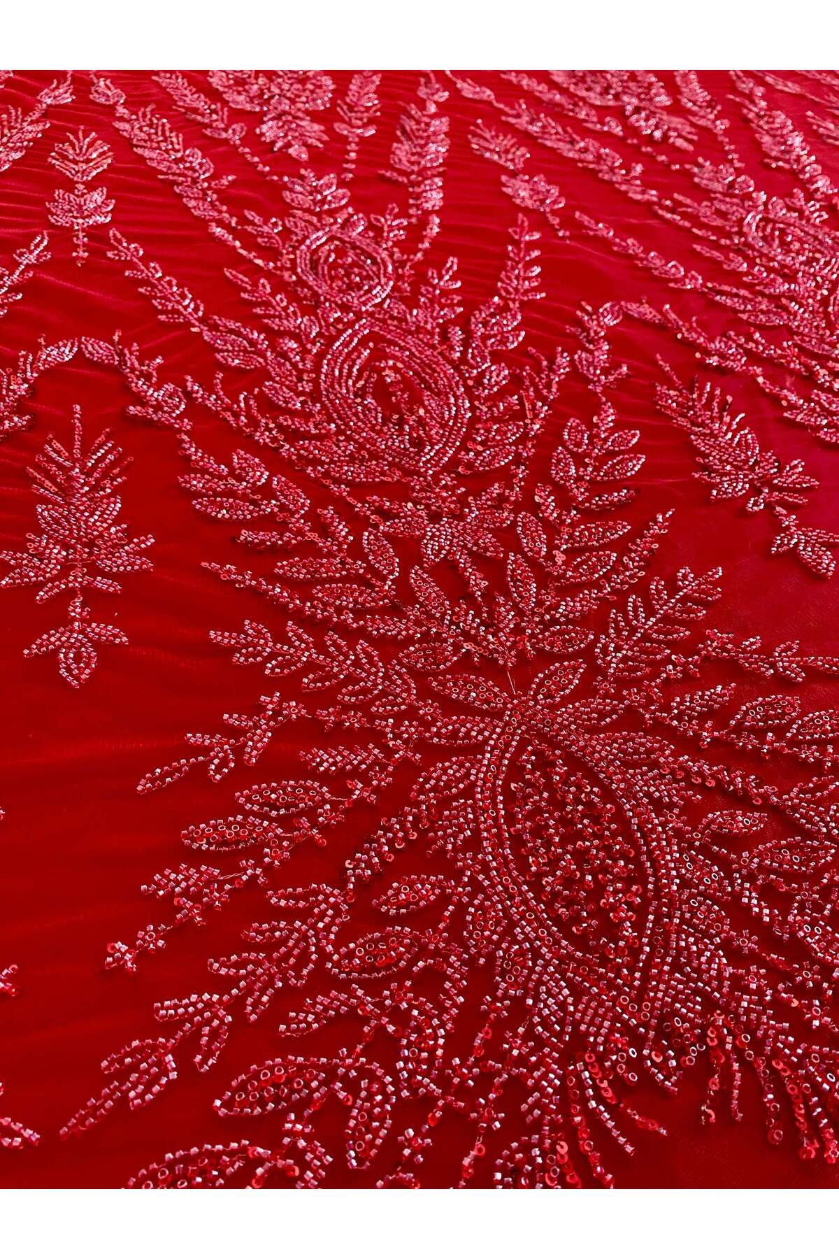 Luxuro-Red Couture Lace with Symmetrical Pattern, Beads and Sequins 2