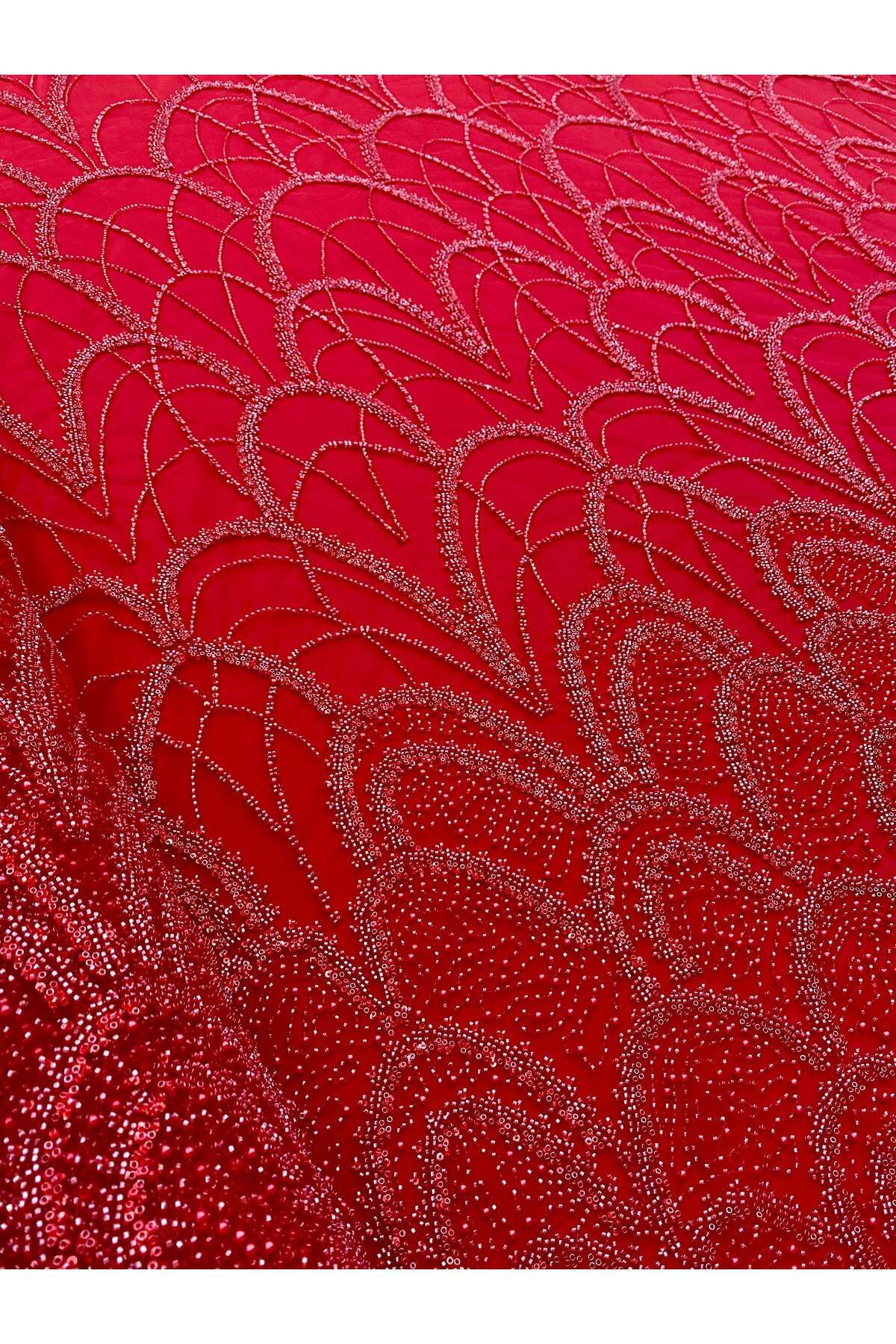 Luxuro-Red Couture Lace with Geometric Pattern, with Pearls, Beads and Sequins 5
