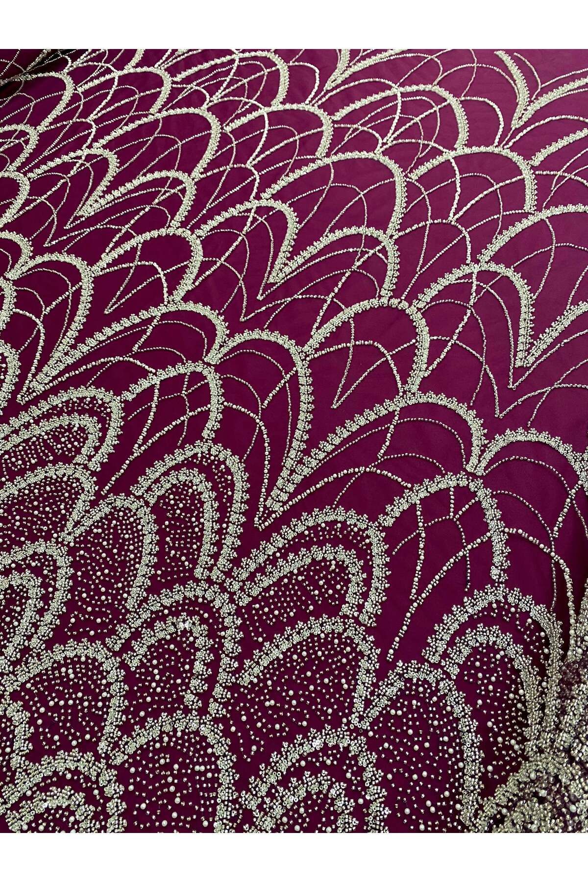 Luxuro-Silver Couture Lace with Dark Magenta Tulle with Geometric Pattern, with Pearls, Beads and Sequins 5