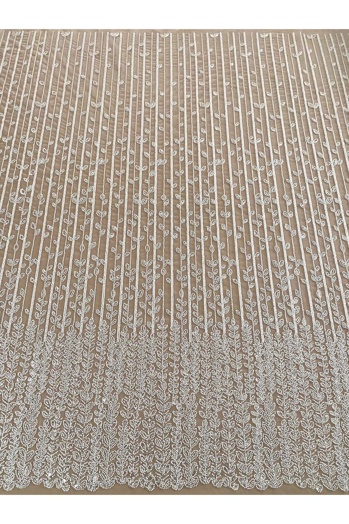 Luxuro-Ivory Couture Lace with Linear and Leaf Pattern, with Beads and Sequins 1