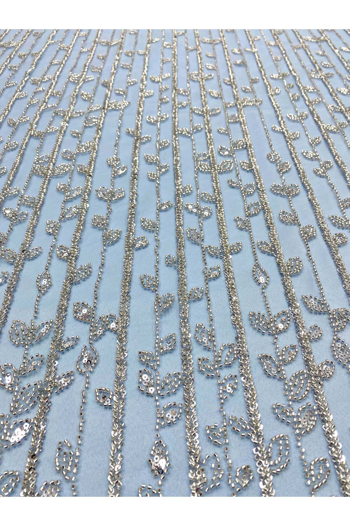 Luxuro-Silver Couture Lace on Baby Blue Tulle with Linear and Leaf Pattern, with Beads and Sequins 5