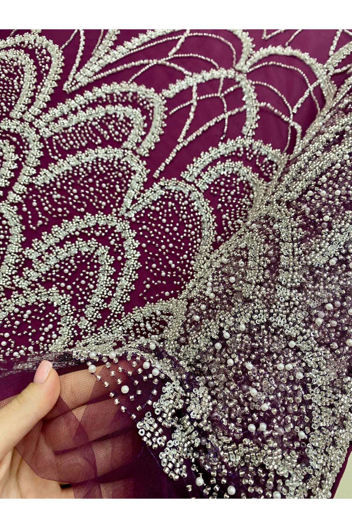 Luxuro-Silver Couture Lace with Dark Magenta Tulle with Geometric Pattern, with Pearls, Beads and Sequins 7