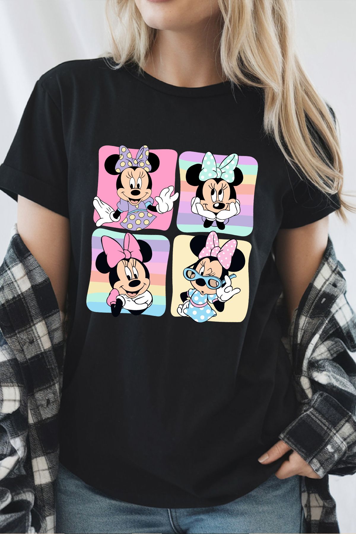 uniqwo Unisex Minnie Mouse Baskılı Yaz Temalı %100 Pamuk Premium Regular T-Shirt