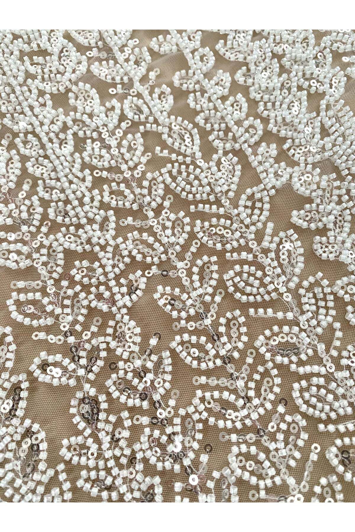 Luxuro-Ivory Couture Lace with Linear and Leaf Pattern, with Beads and Sequins 4