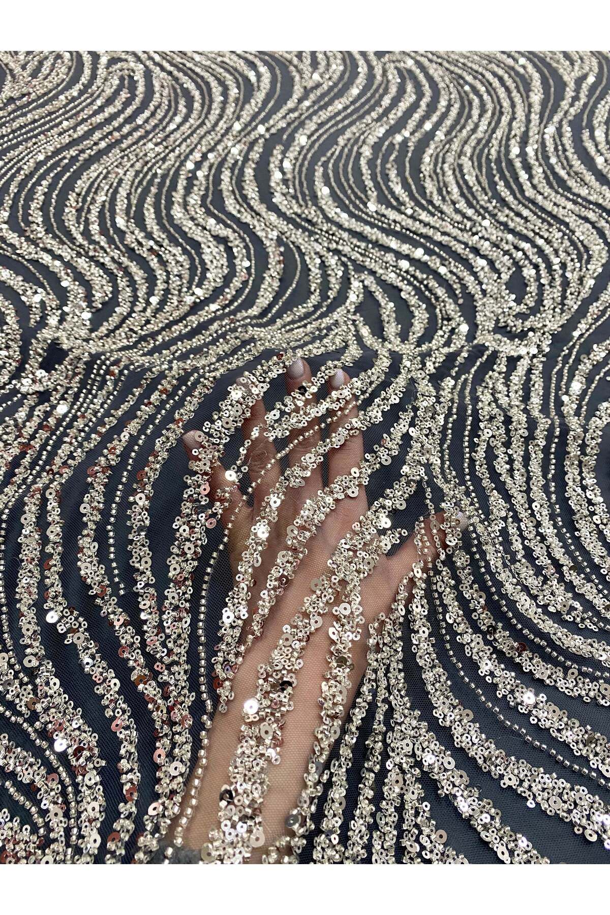 Luxuro-Silver Couture Lace with Anthracite Tulle with Linear Pattern, Beads and Sequins 3