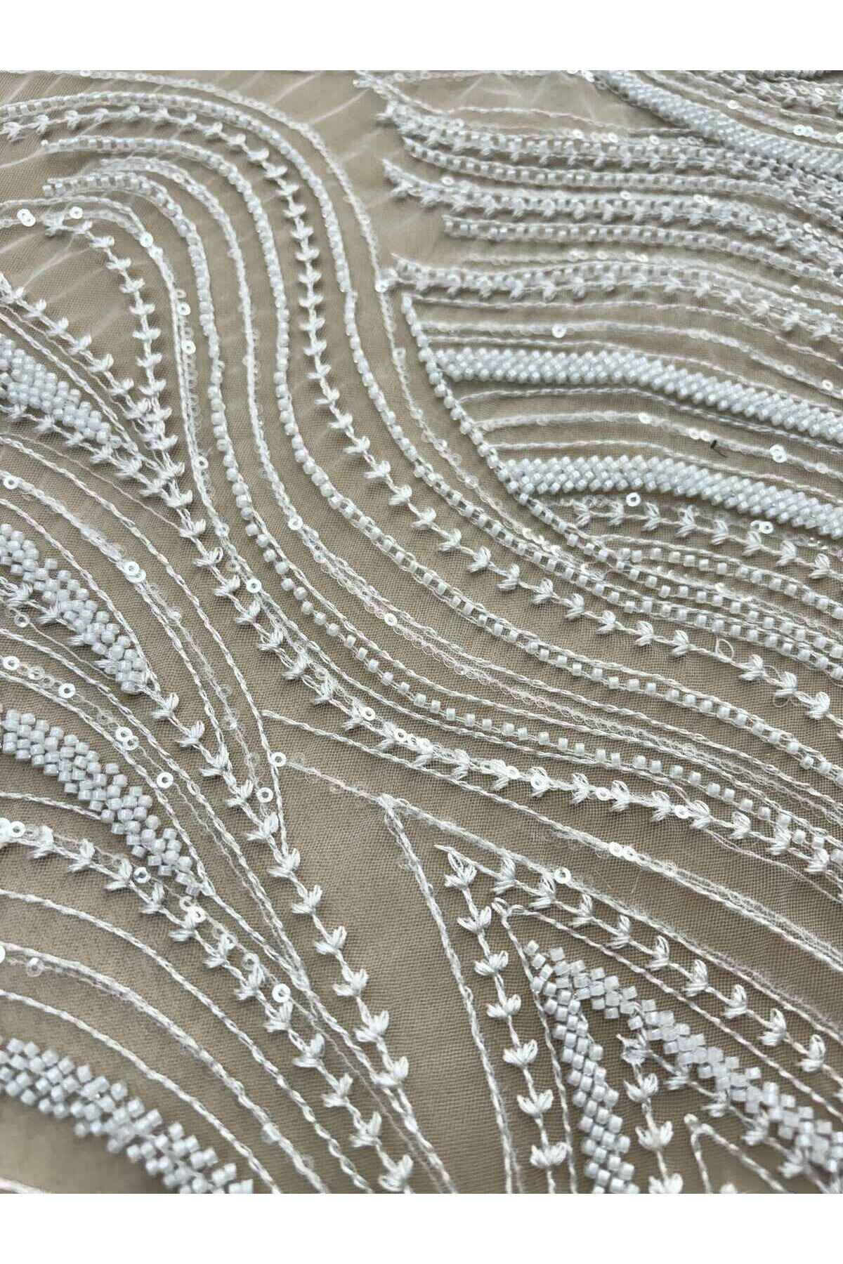 Luxuro-Ivory Couture Lace with Linear Pattern, Beads and Sequins 7