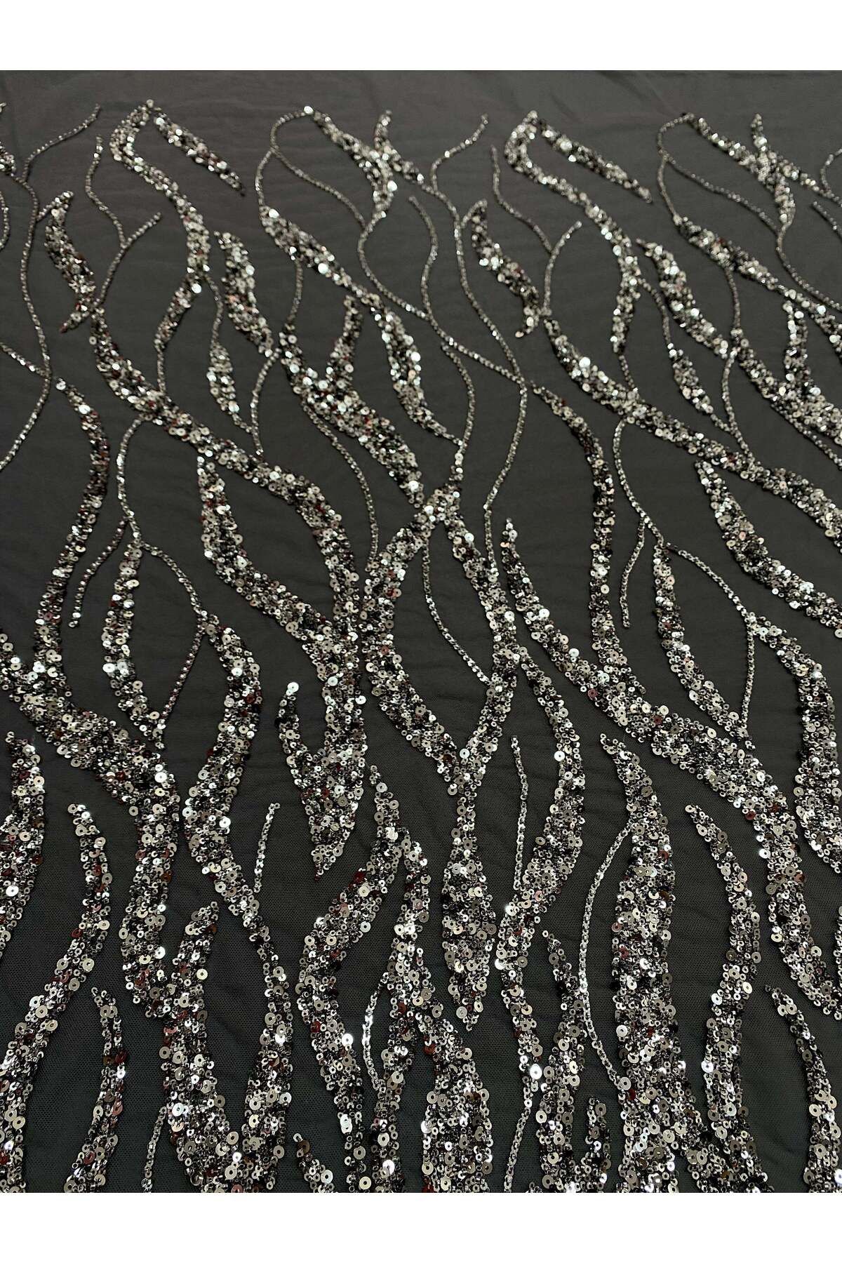 Luxuro-Anthracite Grey Couture Lace with Strings, Beads and Sequins 5
