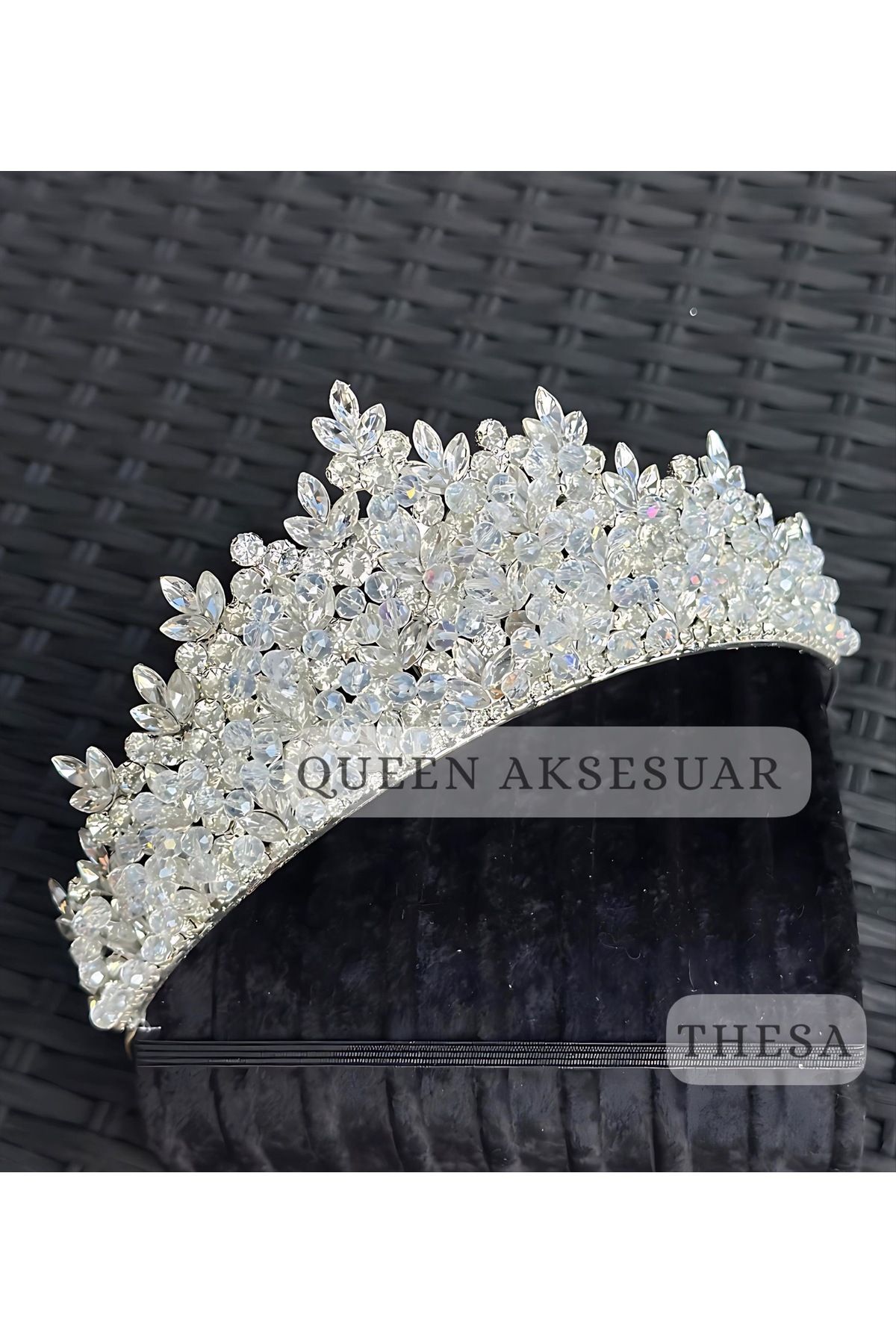 QUEEN AKSESUAR Kraliyet tacı THESA elmas beyaz kristal taşlı lüks tasarım nişan gelin metal taç yüksek otantik