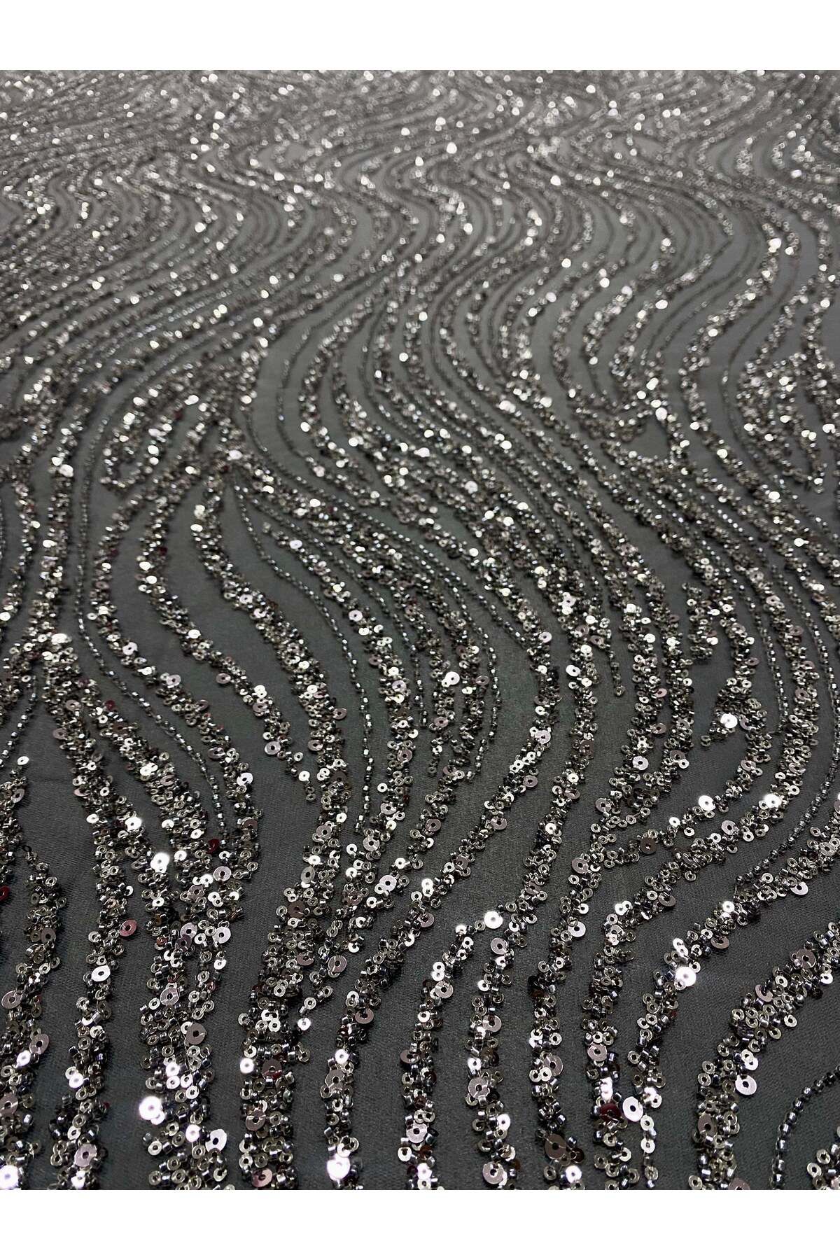 Luxuro-Anthracite Grey Couture Lace with Linear Pattern, Beads and Sequins 7