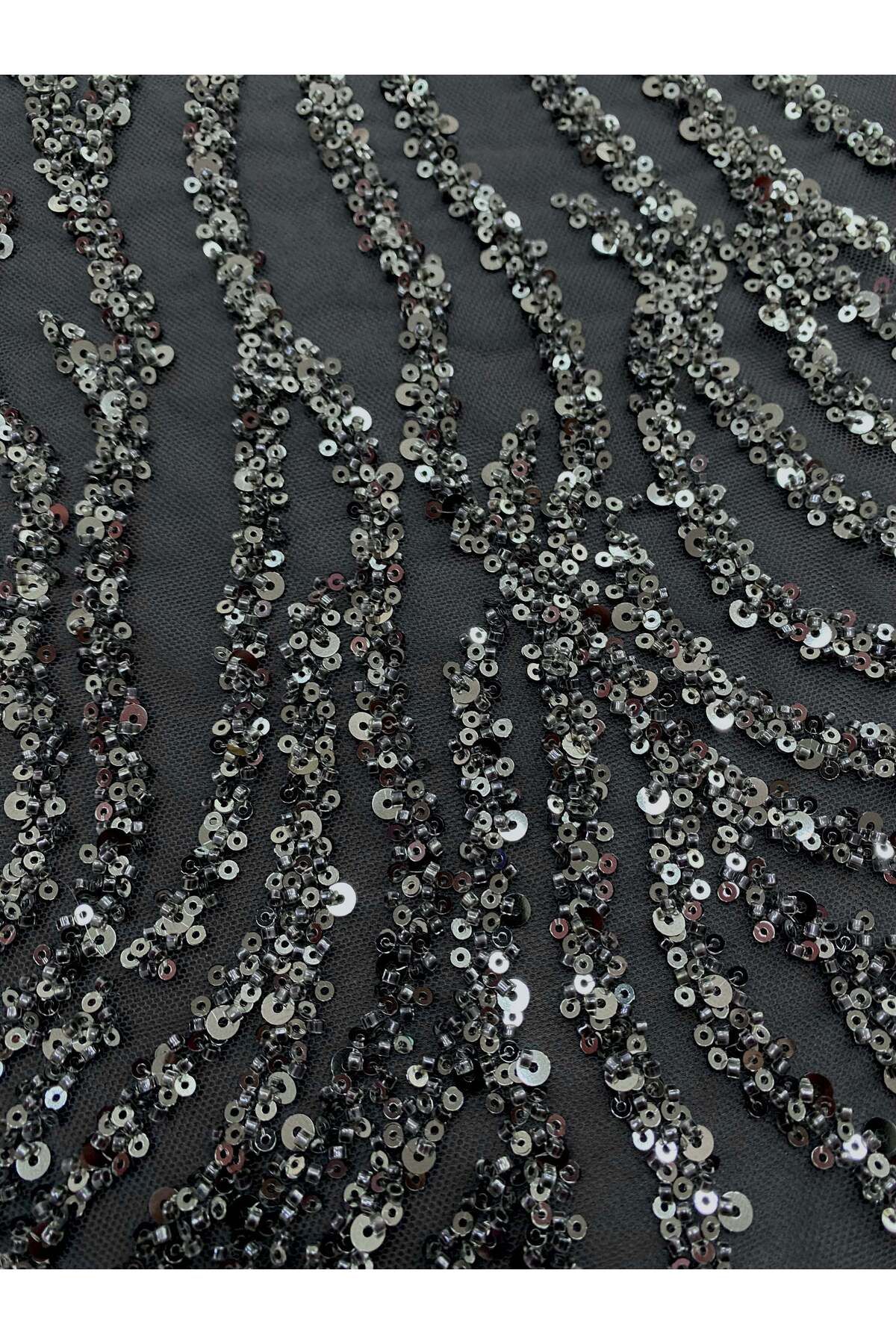 Luxuro-Anthracite Grey Couture Lace with Strings, Beads and Sequins 2