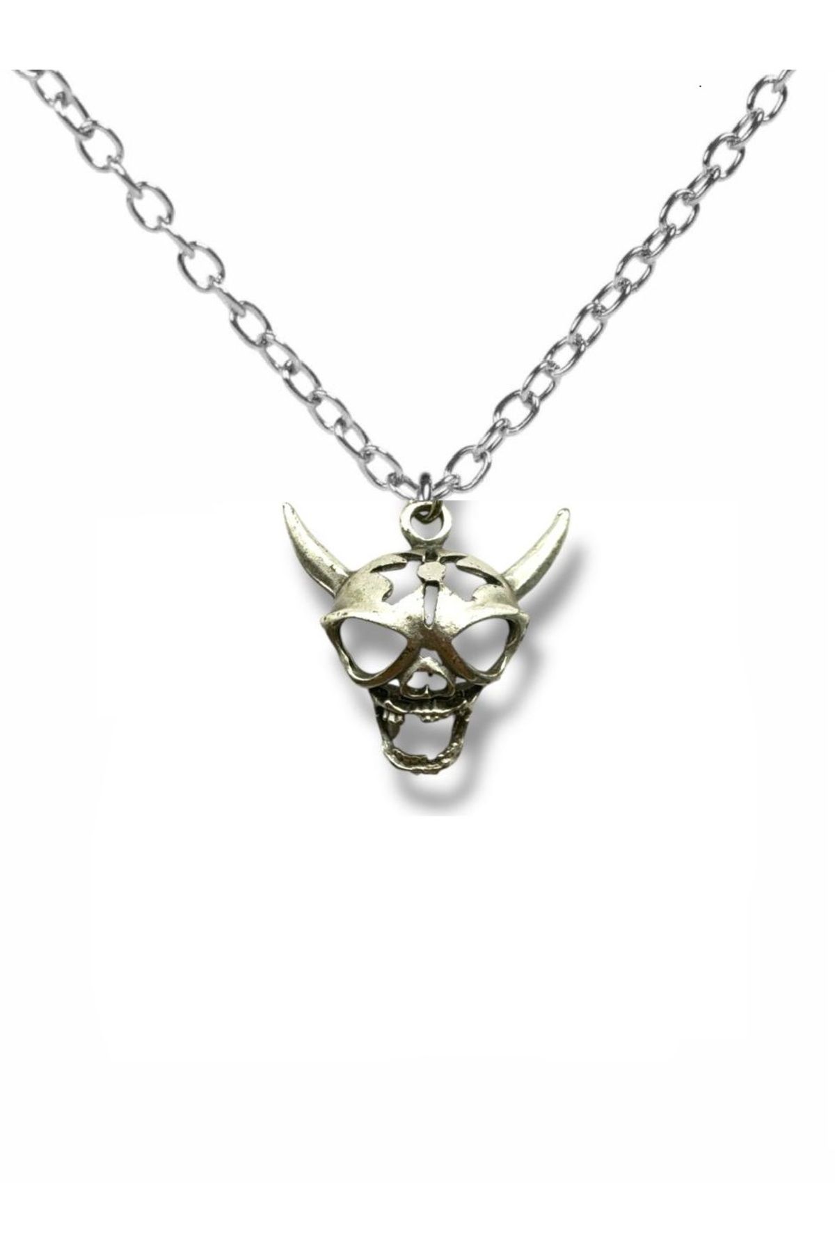 Herşey Nota Kurukafa Boynuz Kolye | Gotik ve Asi Unisex Metal Aksesuar – 60 cm Zincir