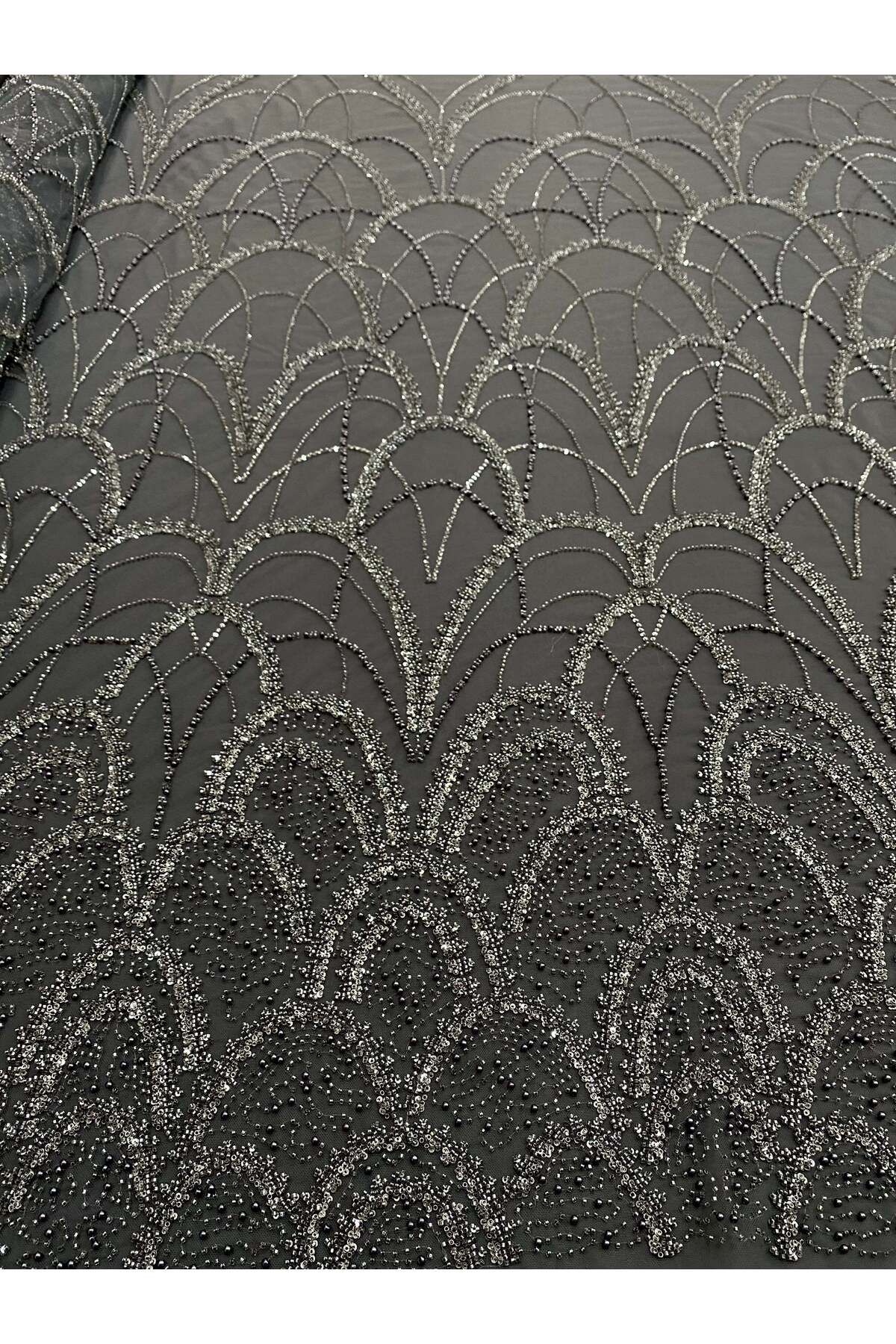 Luxuro-Anthracite Grey Couture Lace with Geometric Pattern, with Pearls, Beads and Sequins 7