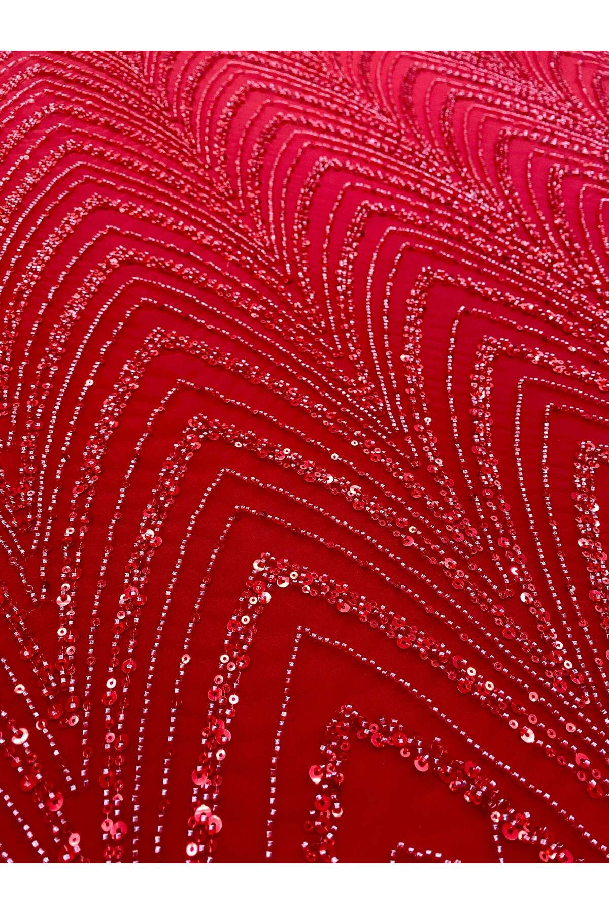 Luxuro-Red Couture Lace with Geometric Pattern with Beads and Sequins 6
