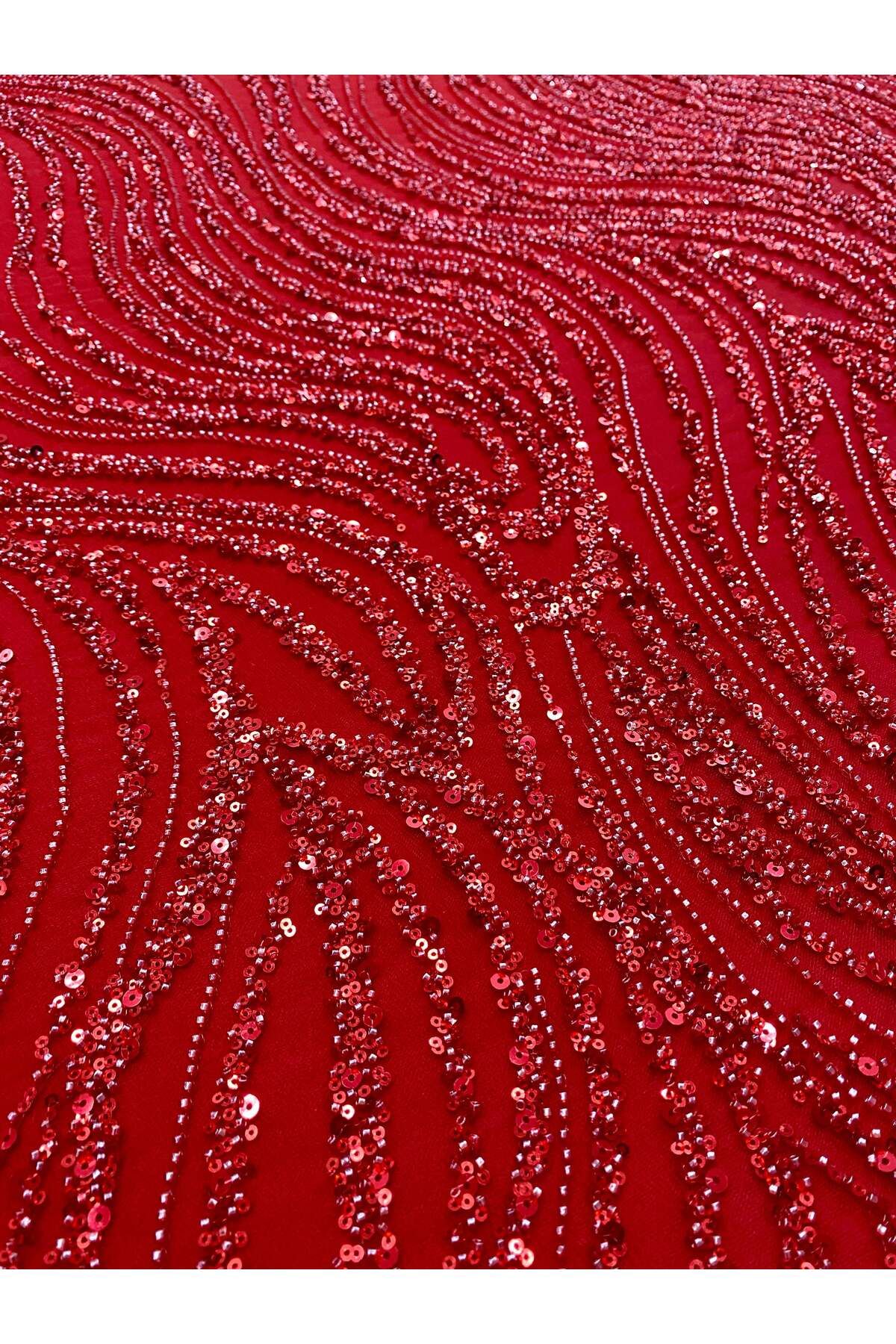 Luxuro-Red Couture Lace with Linear Pattern, Beads and Sequins 6