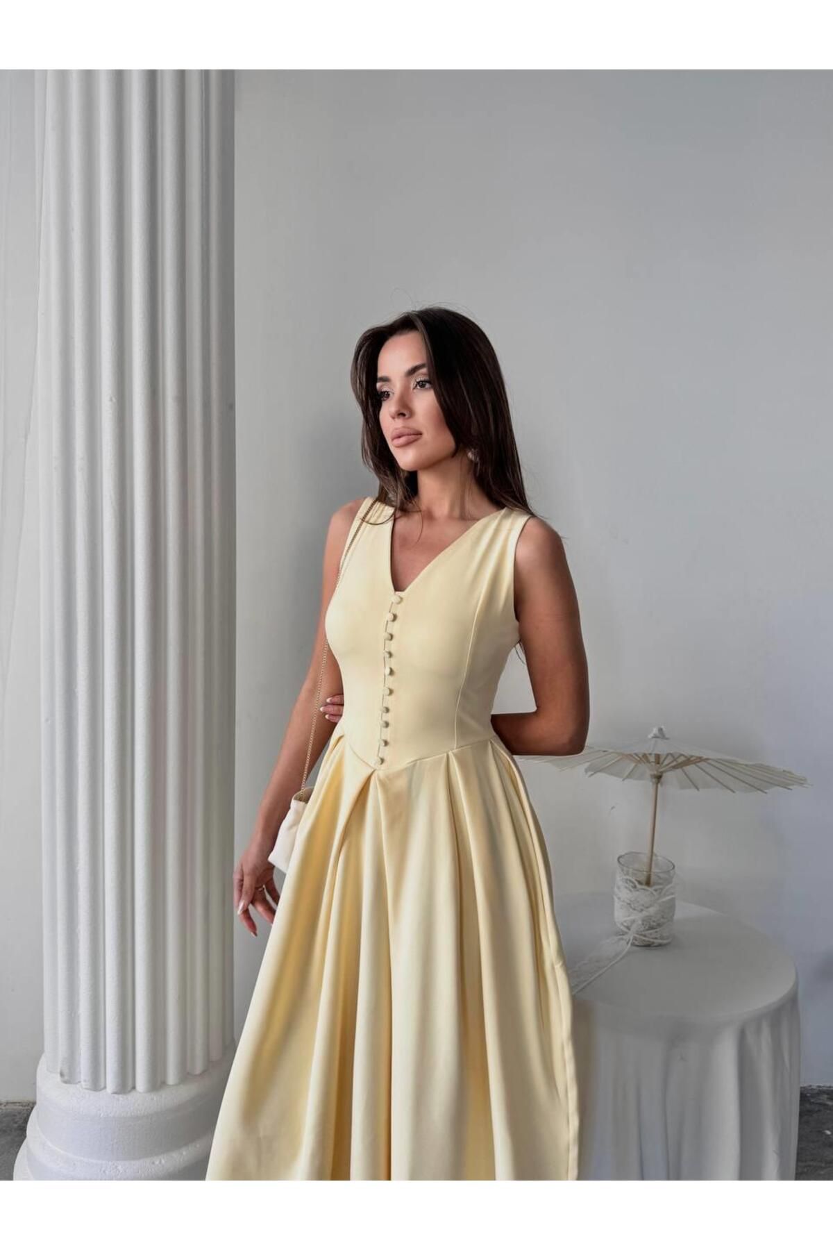 conconmoda Dore Pileli Düğme Detay Midi Elbise