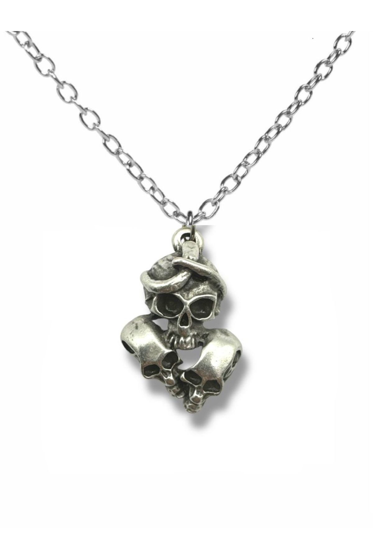 Herşey Nota Triple Skull Kolye | Üçlü Kuru Kafa Tasarımlı Gotik Unisex Metal Kolye –60 cm Zincir