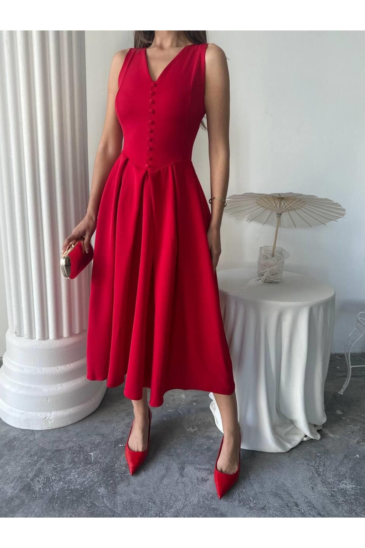 conconmoda Dore Pileli Düğme Detay Midi Elbise